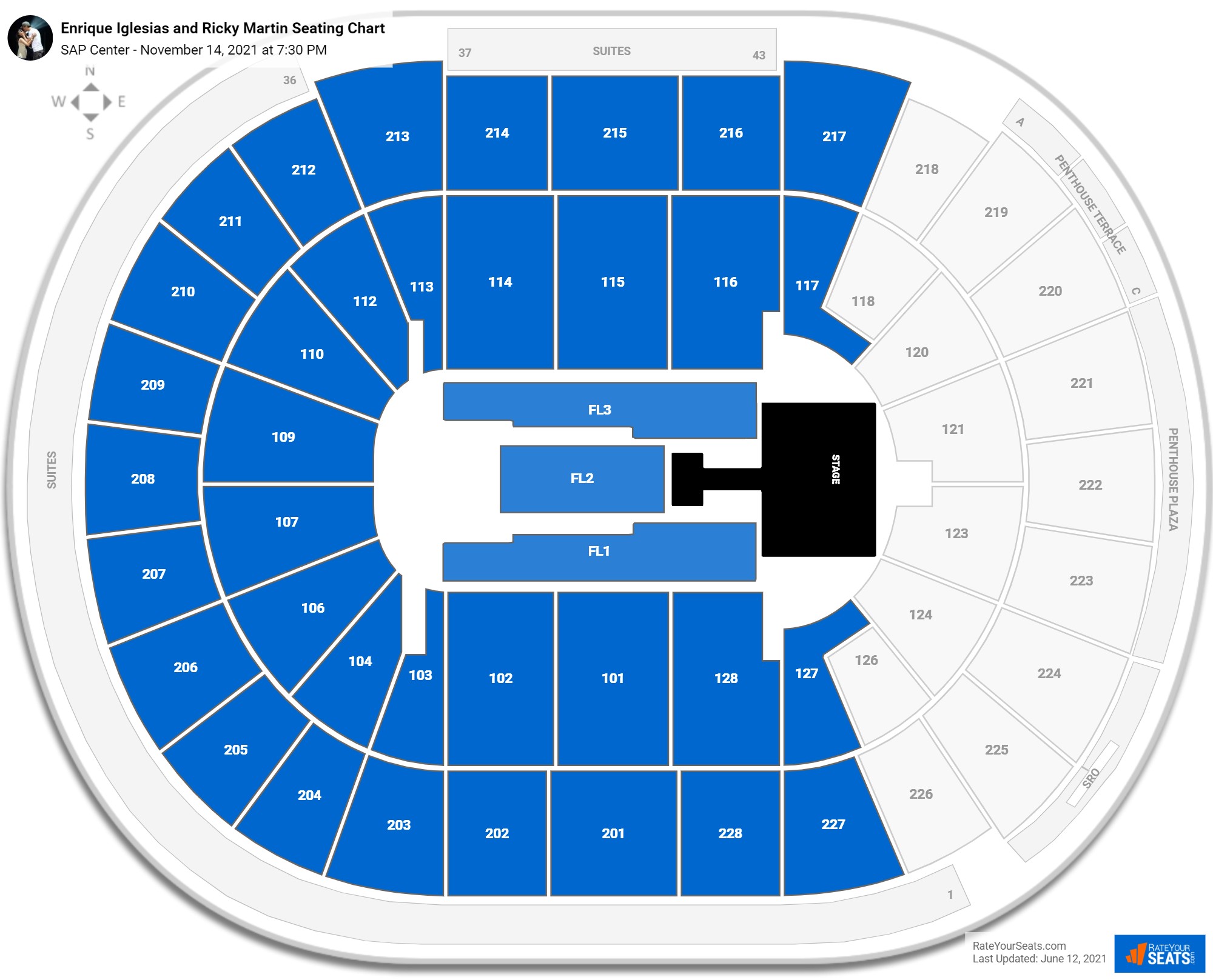 Enrique Iglesias and Ricky Martin seating chart SAP Center
