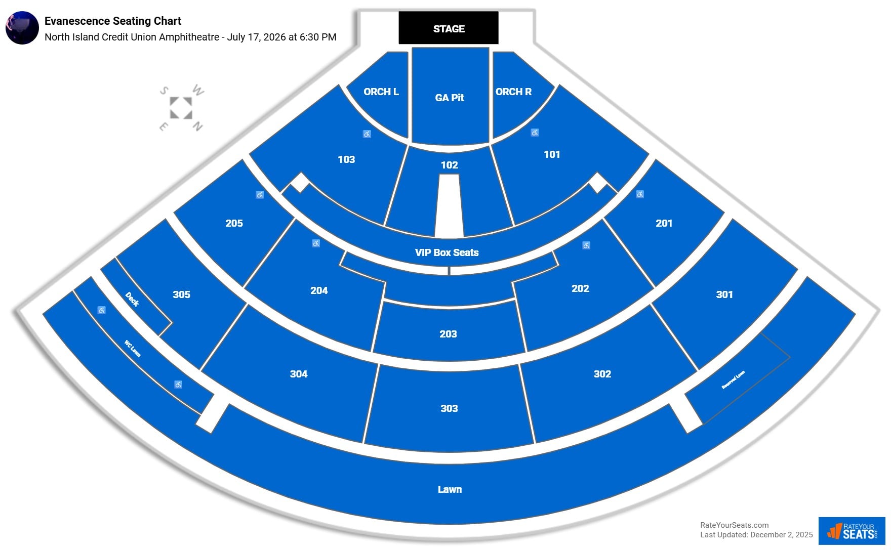 Evanescence seating chart North Island Credit Union Amphitheatre (Chula Vista)