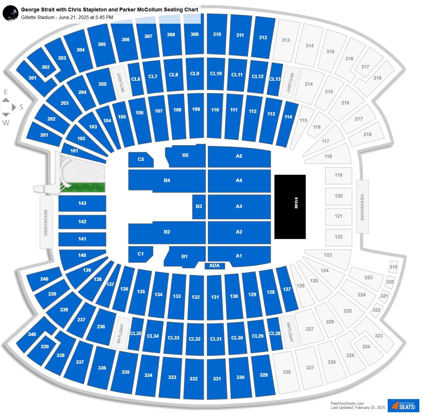 George Strait with Chris Stapleton and Parker McCollum seating chart Gillette Stadium