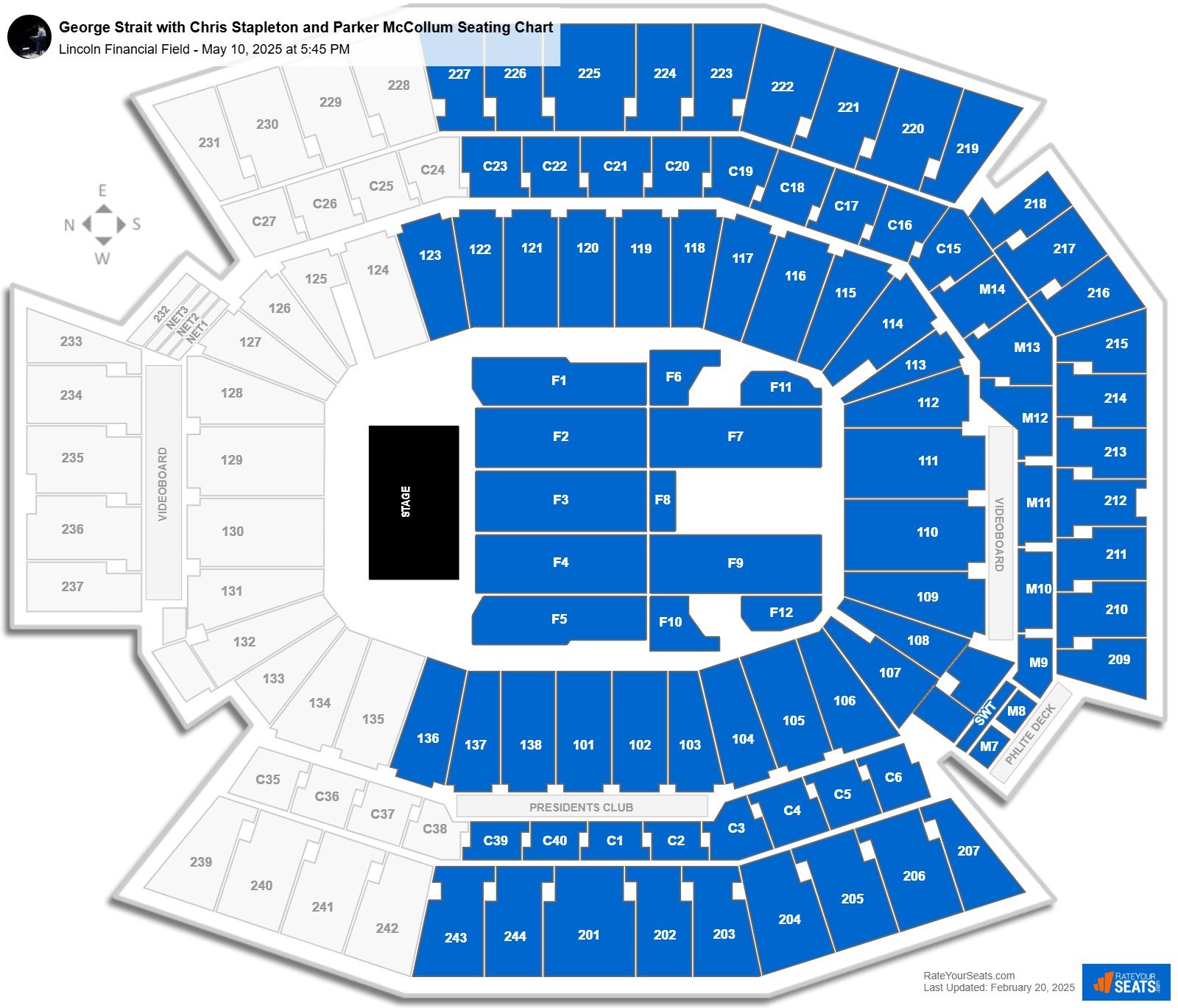 George Strait with Chris Stapleton and Parker McCollum seating chart Lincoln Financial Field