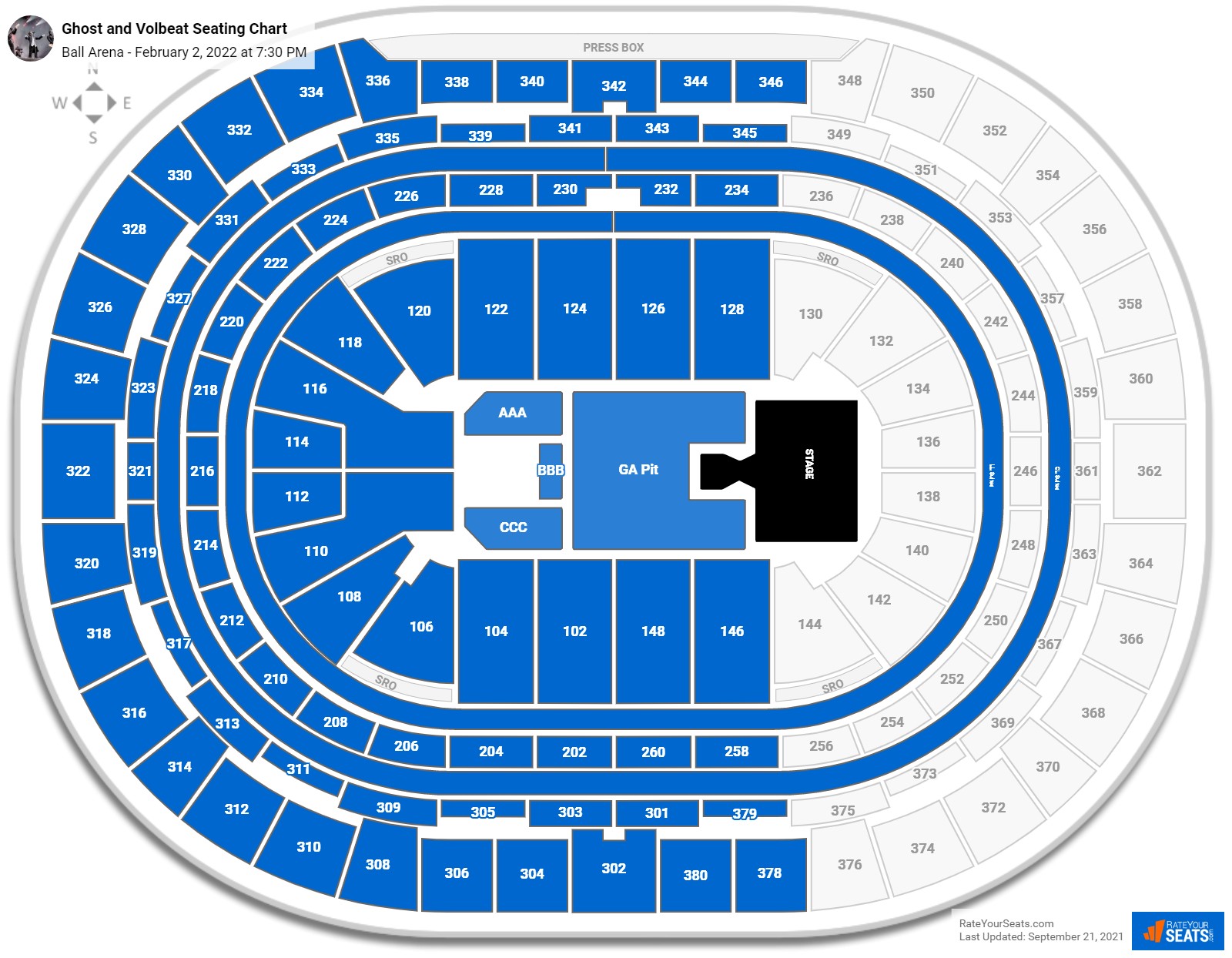 Ghost and Volbeat seating chart Ball Arena