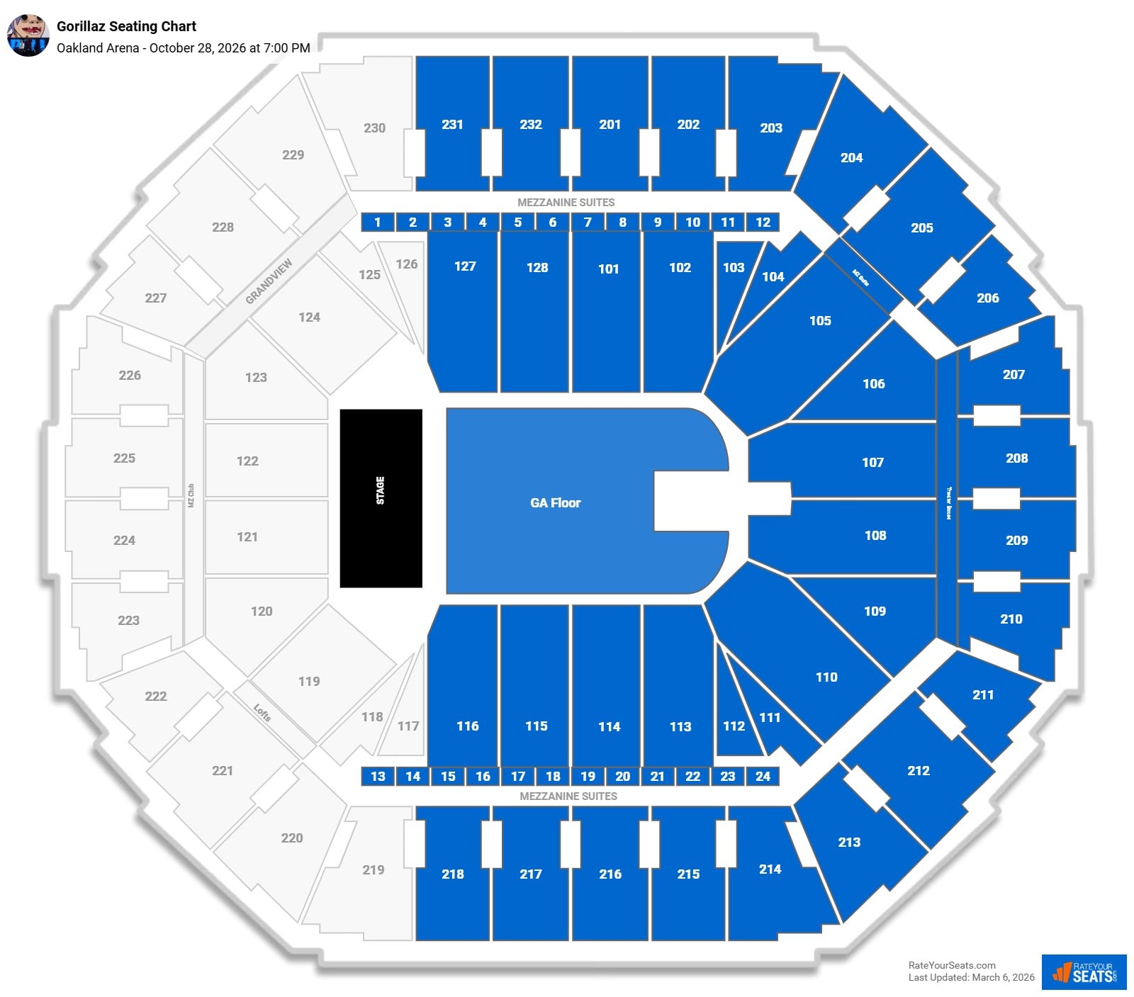 Gorillaz seating chart Oakland Arena
