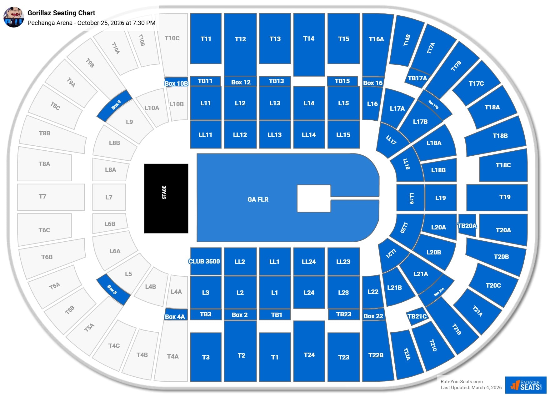 Gorillaz seating chart Pechanga Arena