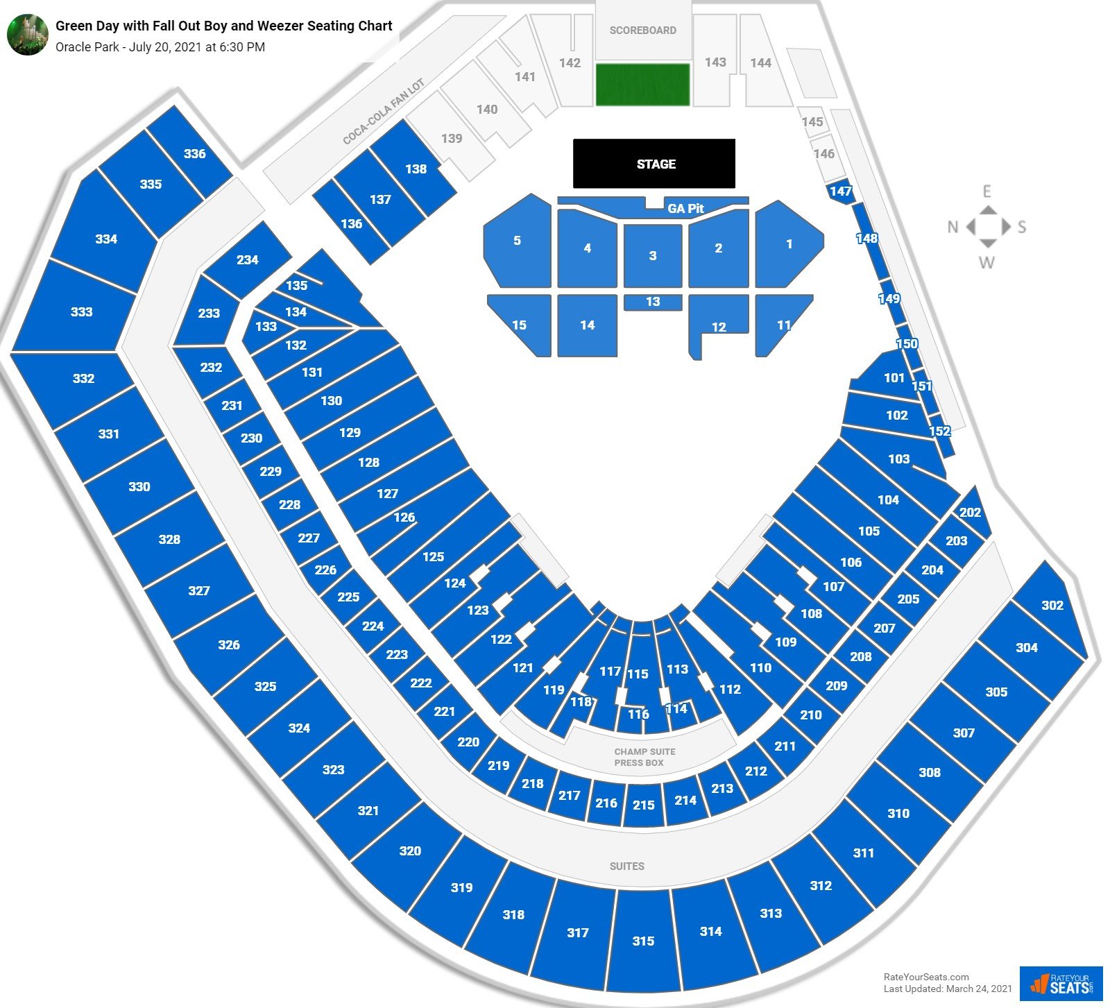 Green Day with Fall Out Boy and Weezer seating chart Oracle Park