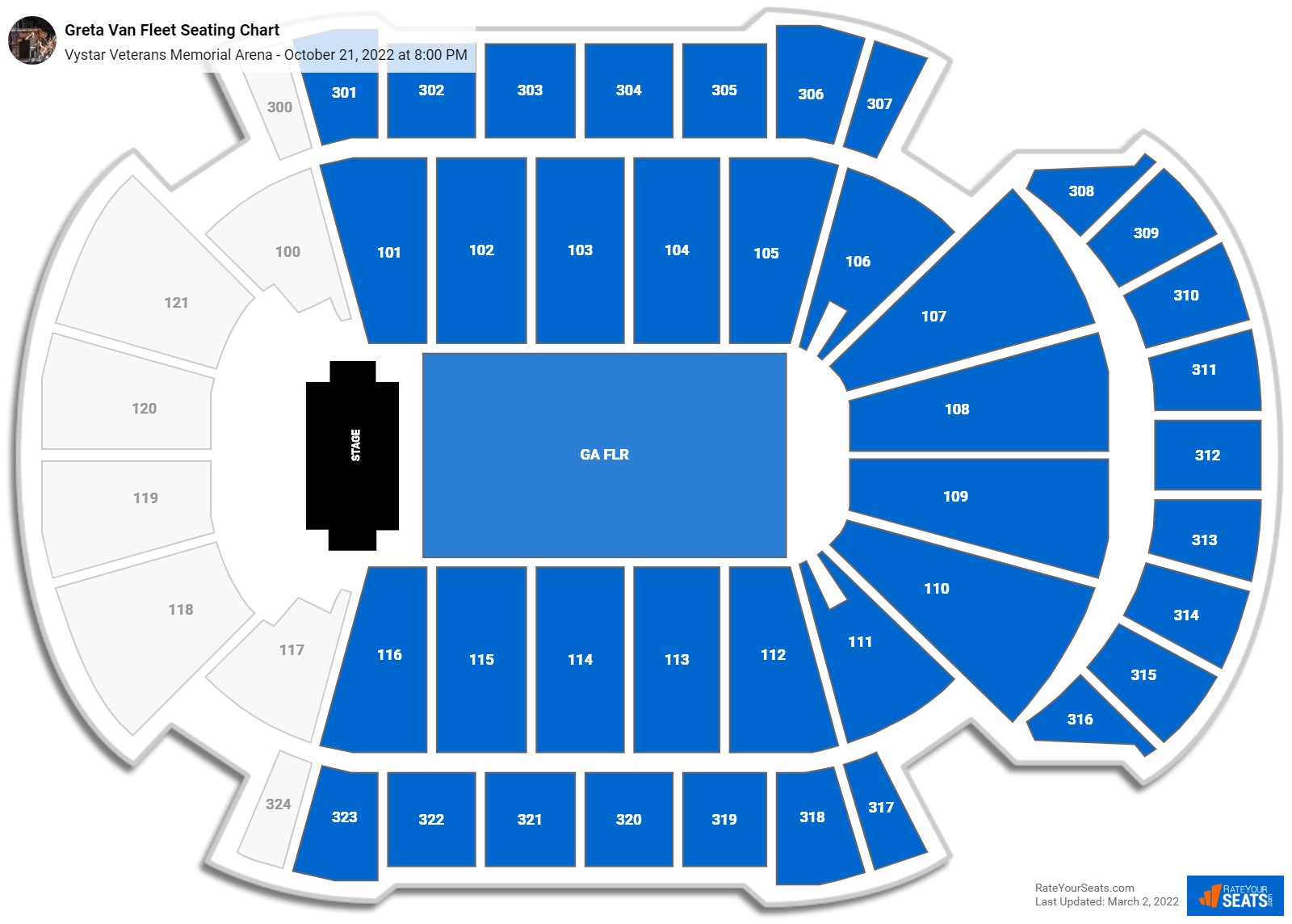 Greta Van Fleet seating chart Vystar Veterans Memorial Arena