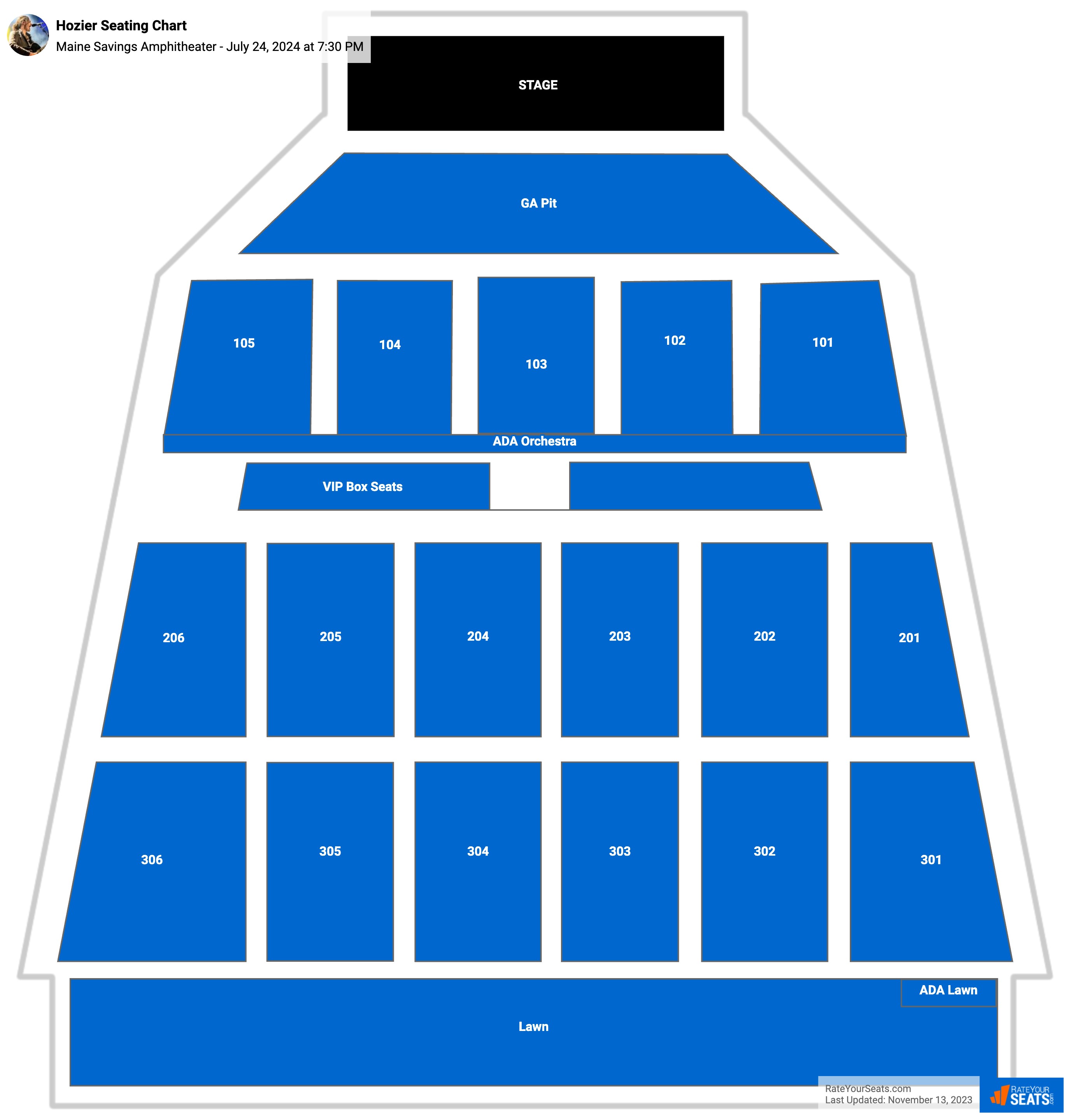Hozier seating chart Maine Savings Amphitheater