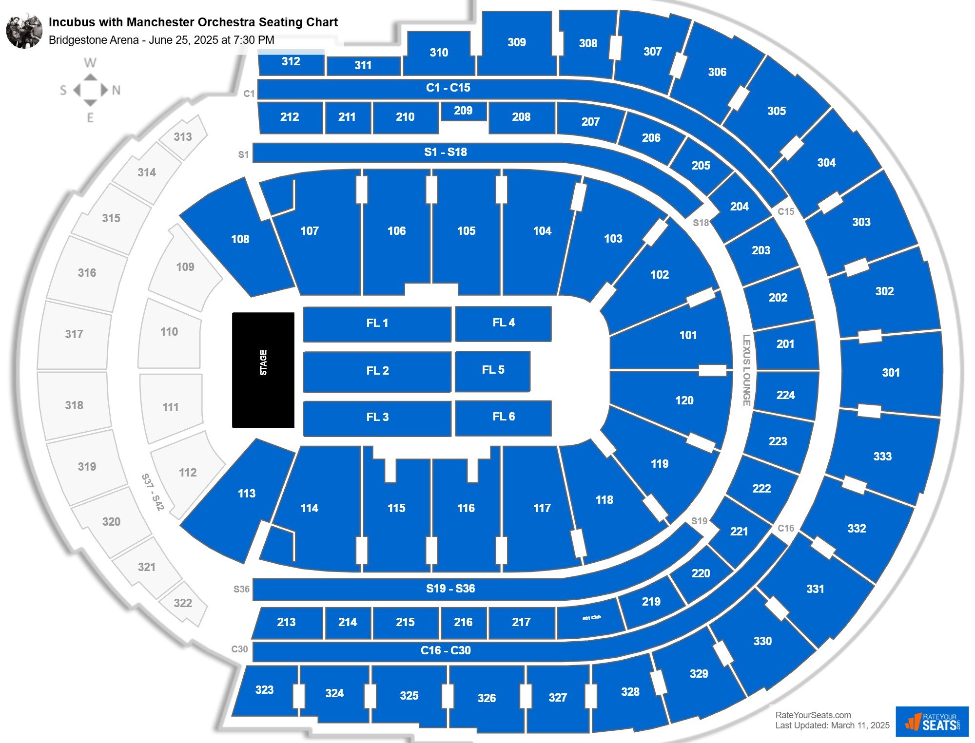 Incubus with Manchester Orchestra seating chart Bridgestone Arena