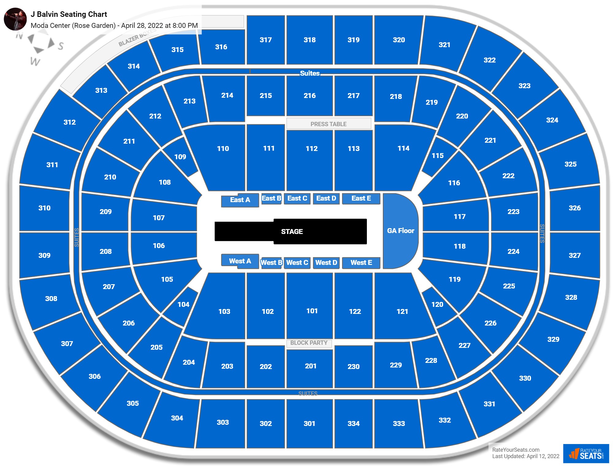 J Balvin seating chart Moda Center (Rose Garden)