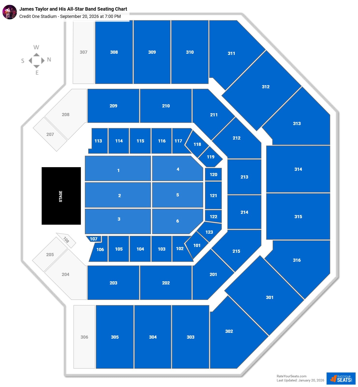 James Taylor and His All-Star Band seating chart Credit One Stadium