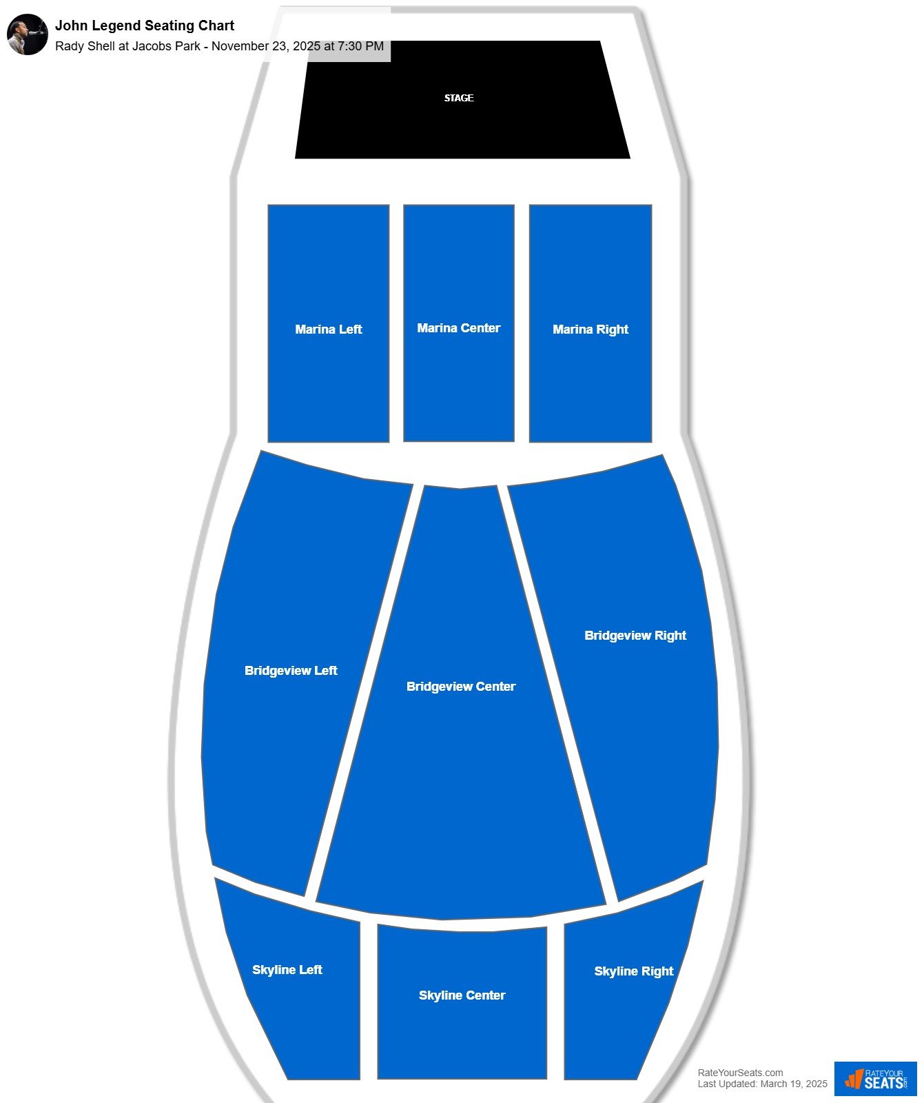 John Legend seating chart Rady Shell at Jacobs Park