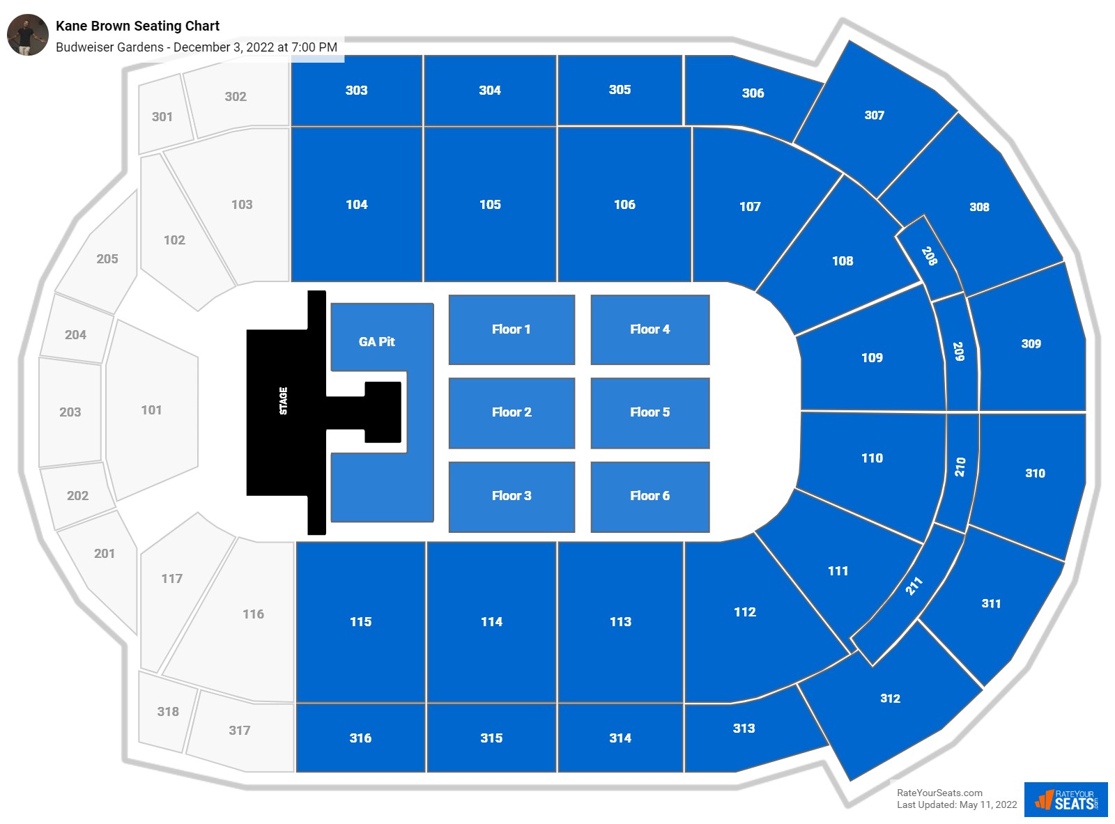 Kane Brown seating chart Budweiser Gardens