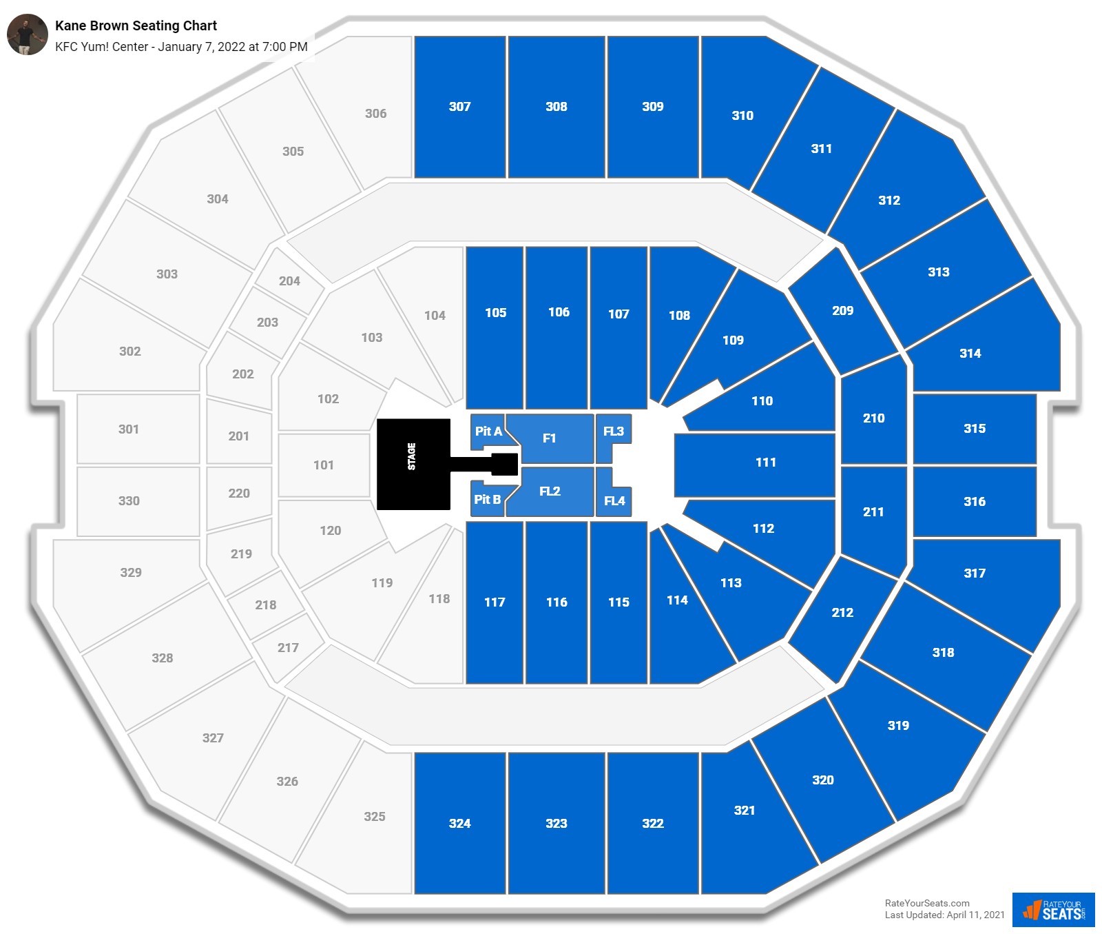 Kane Brown seating chart KFC Yum! Center