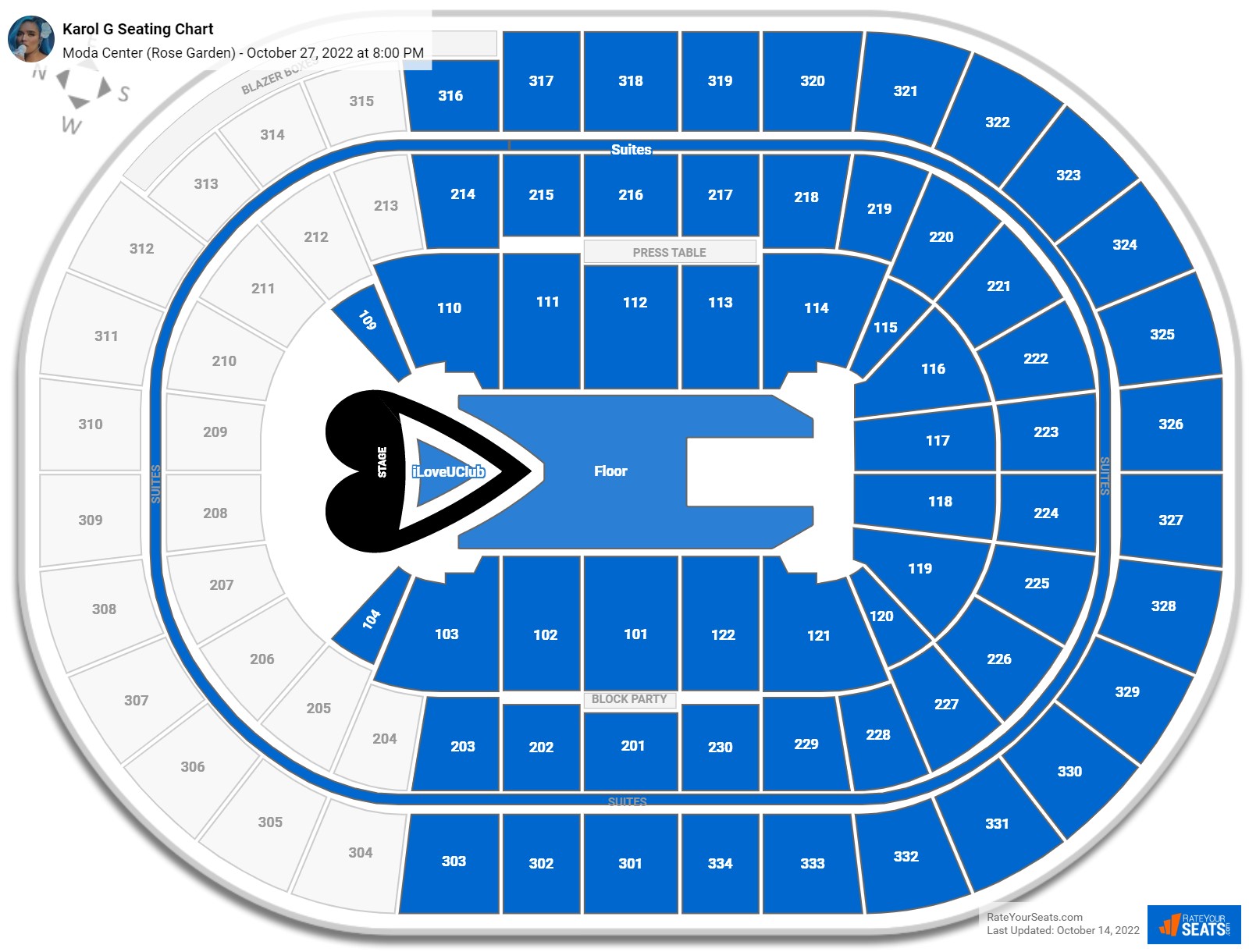 Karol G seating chart Moda Center (Rose Garden)