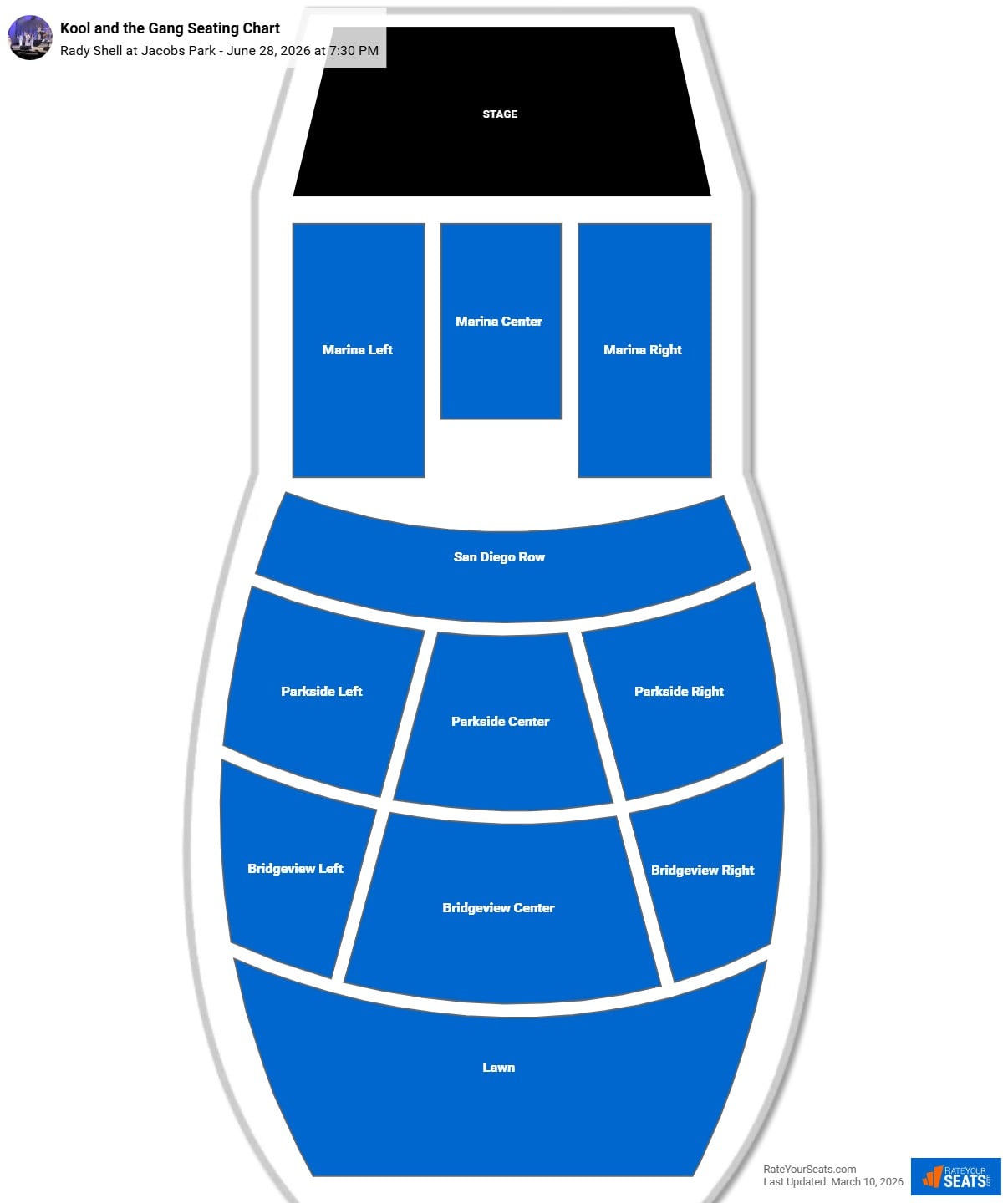 Kool and the Gang seating chart Rady Shell at Jacobs Park