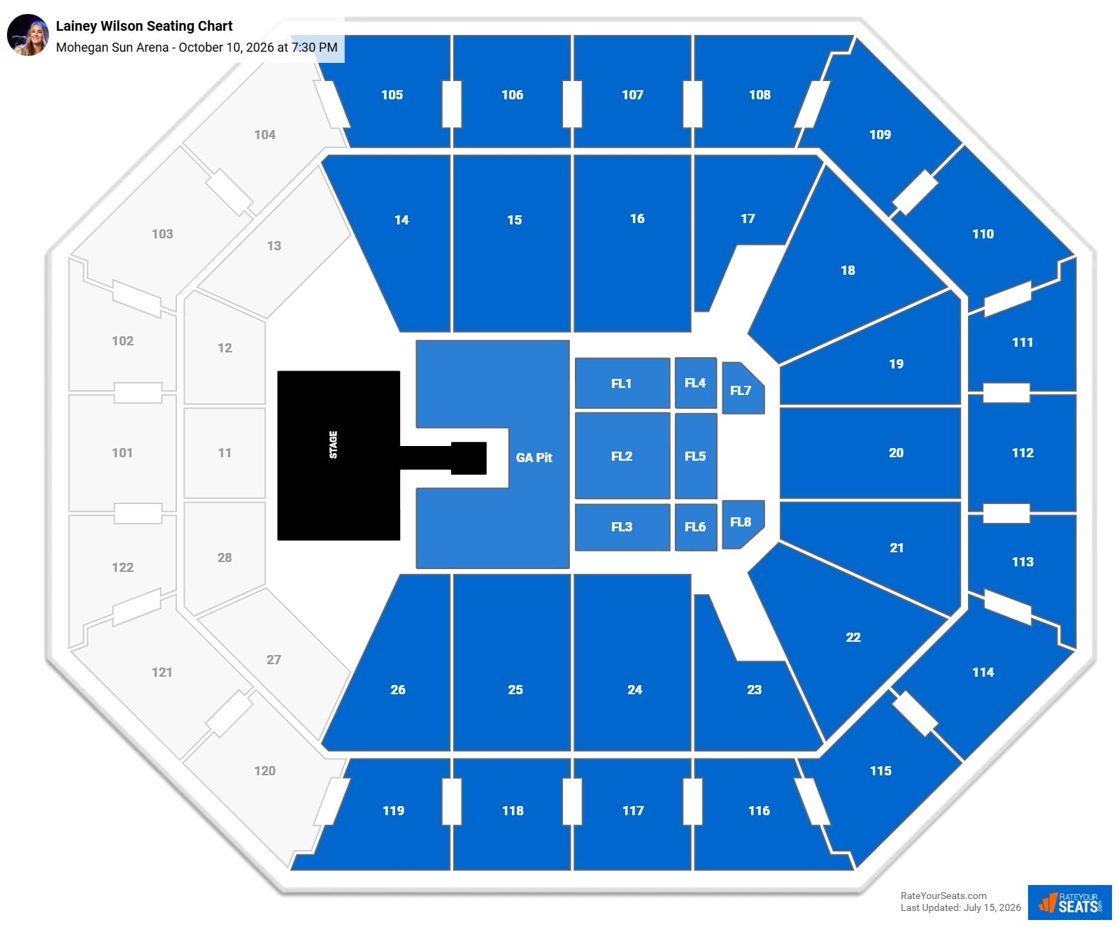Lainey Wilson Seating Chart at Mohegan Sun Arena