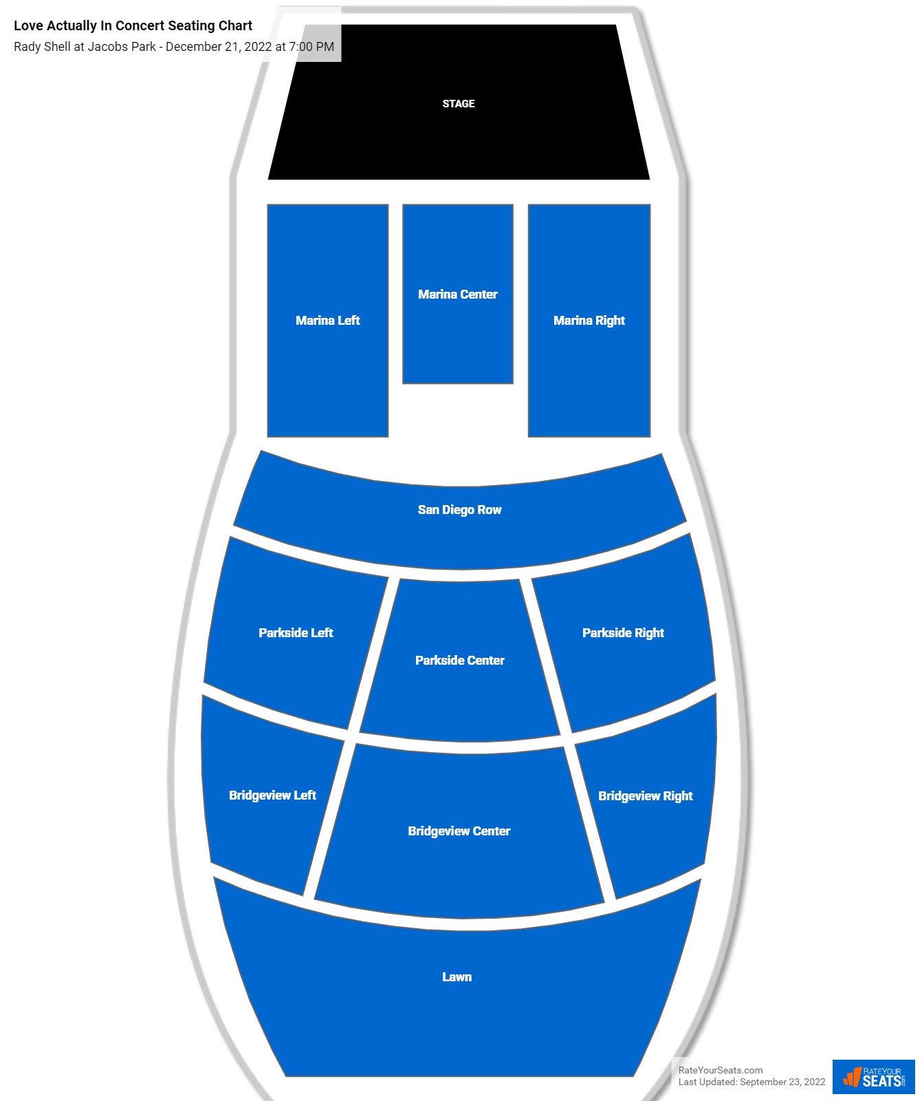 Love Actually In Concert seating chart Rady Shell at Jacobs Park
