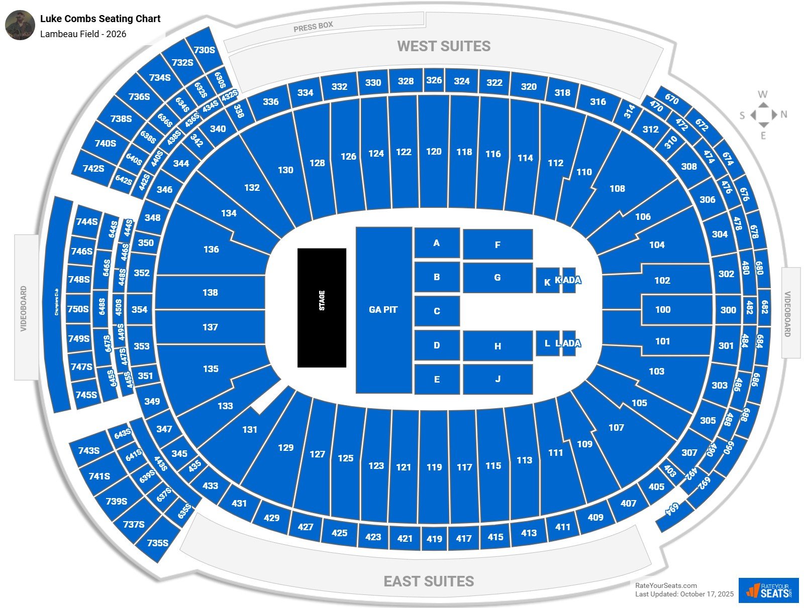 Luke Combs seating chart Lambeau Field
