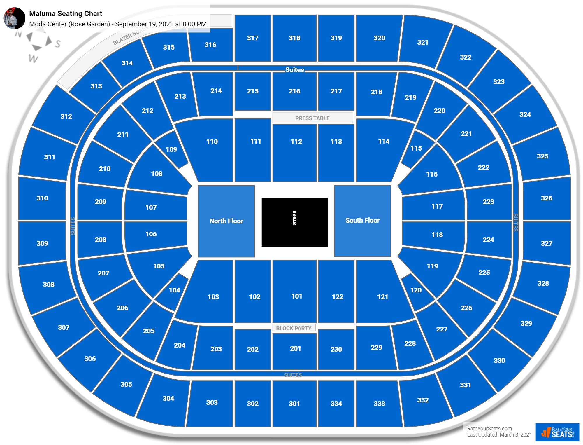 Maluma seating chart Moda Center (Rose Garden)