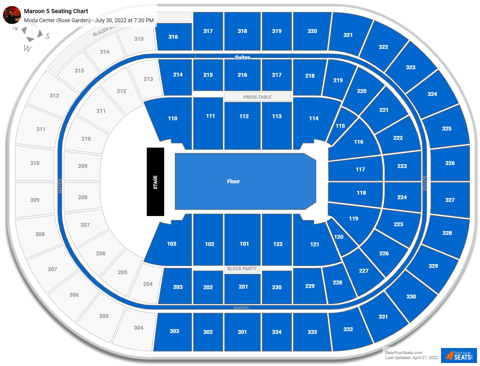Maroon 5 seating chart Moda Center (Rose Garden)