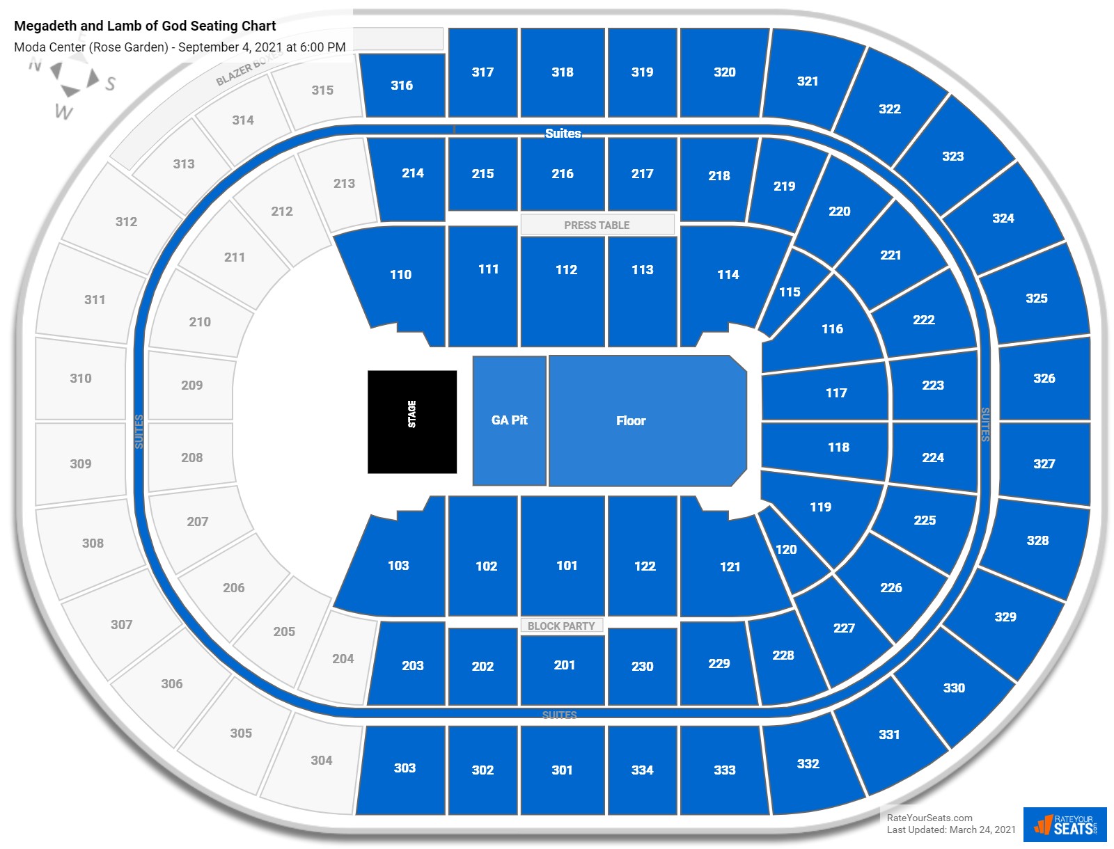 Megadeth and Lamb of God seating chart Moda Center (Rose Garden)