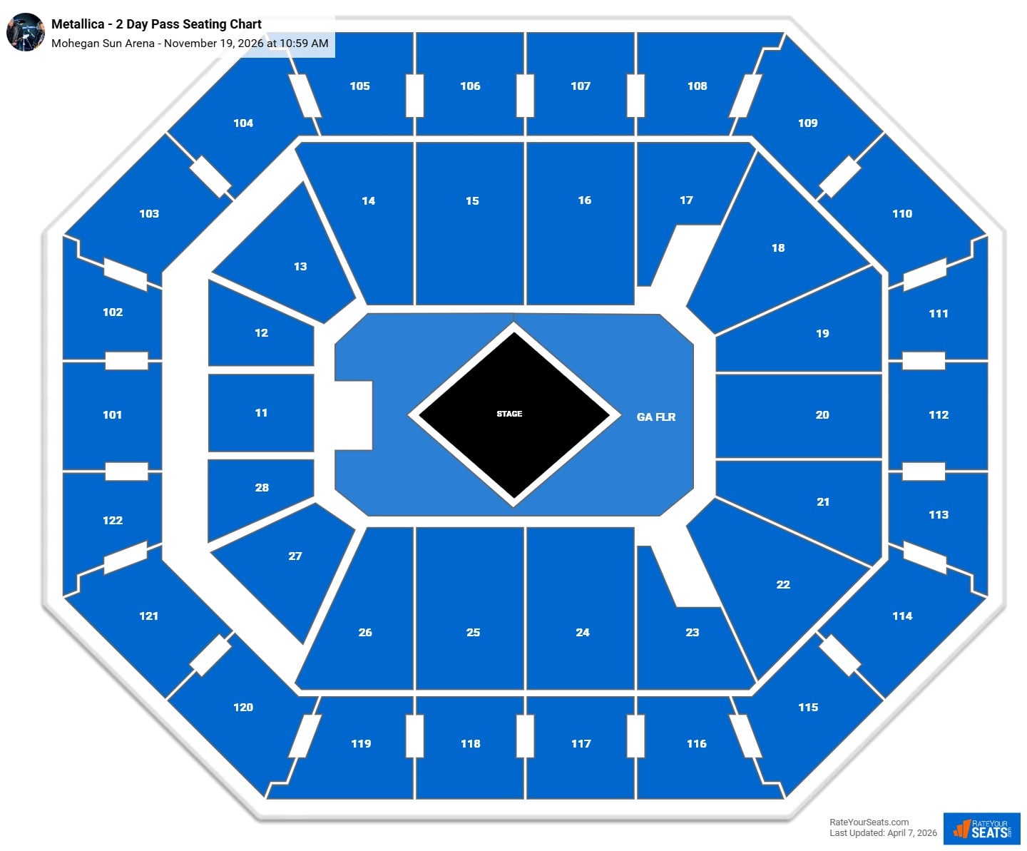 Metallica - 2 Day Pass (11/19 and 11/21) Seating Chart at Mohegan Sun Arena