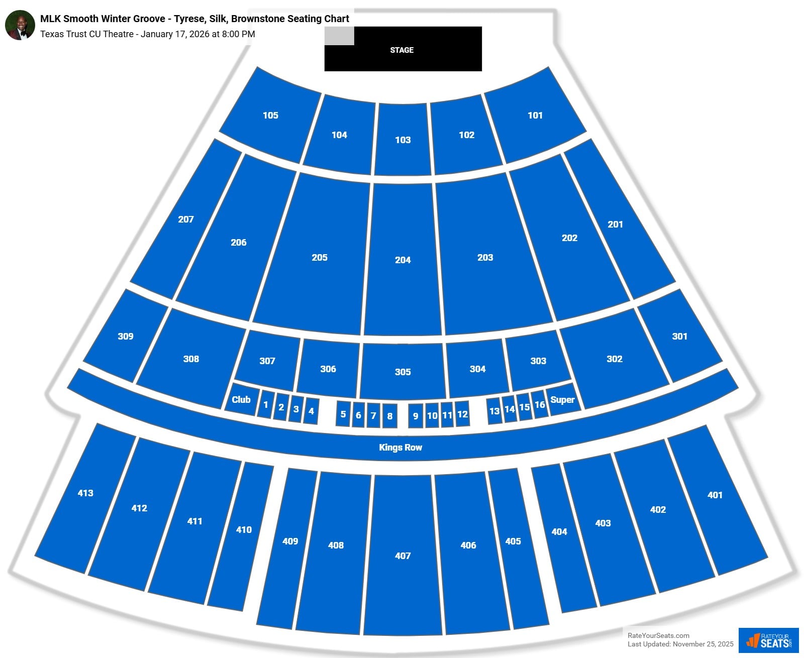 MLK Smooth Winter Groove - Tyrese, Silk, Brownstone seating chart Texas Trust CU Theatre