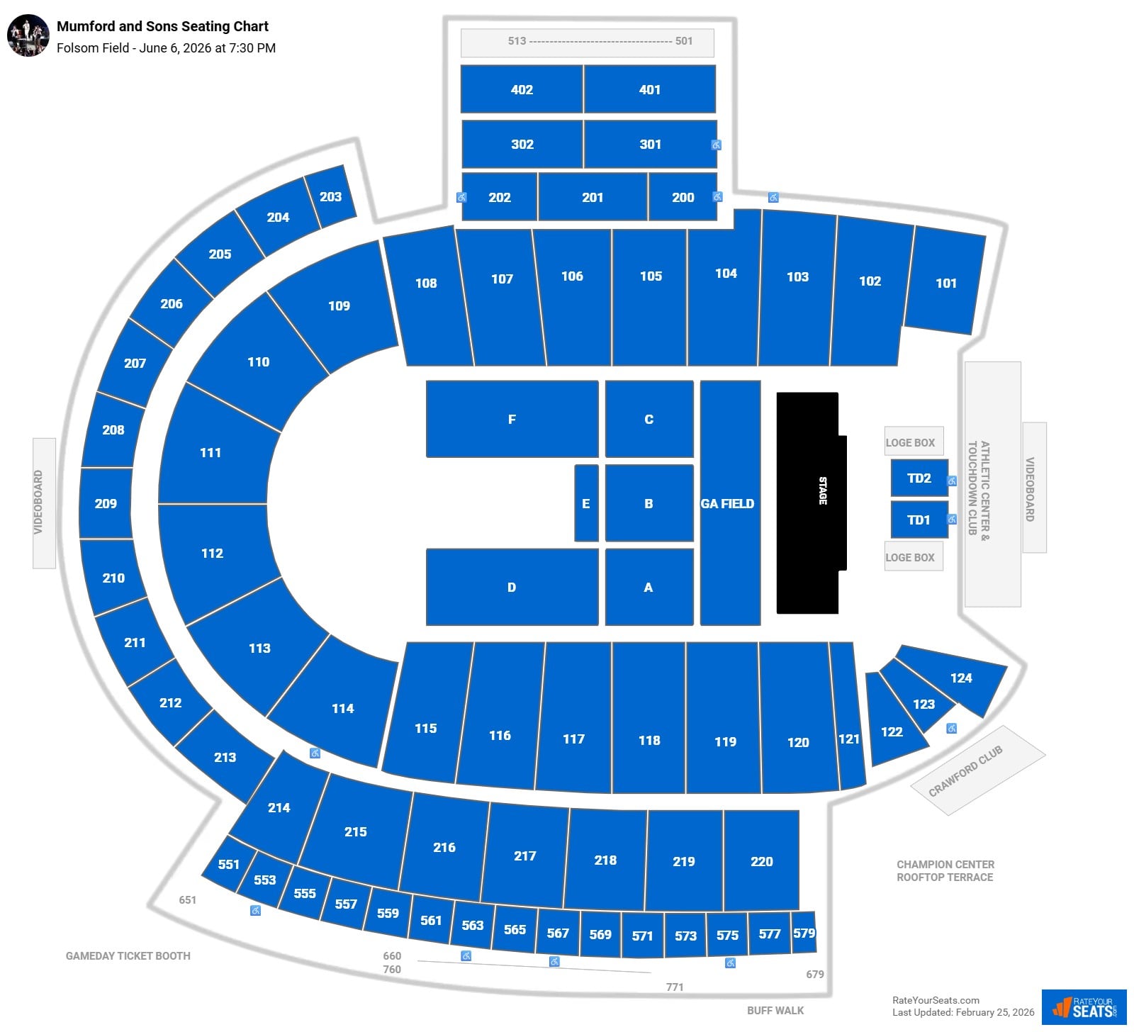 Mumford and Sons seating chart Folsom Field