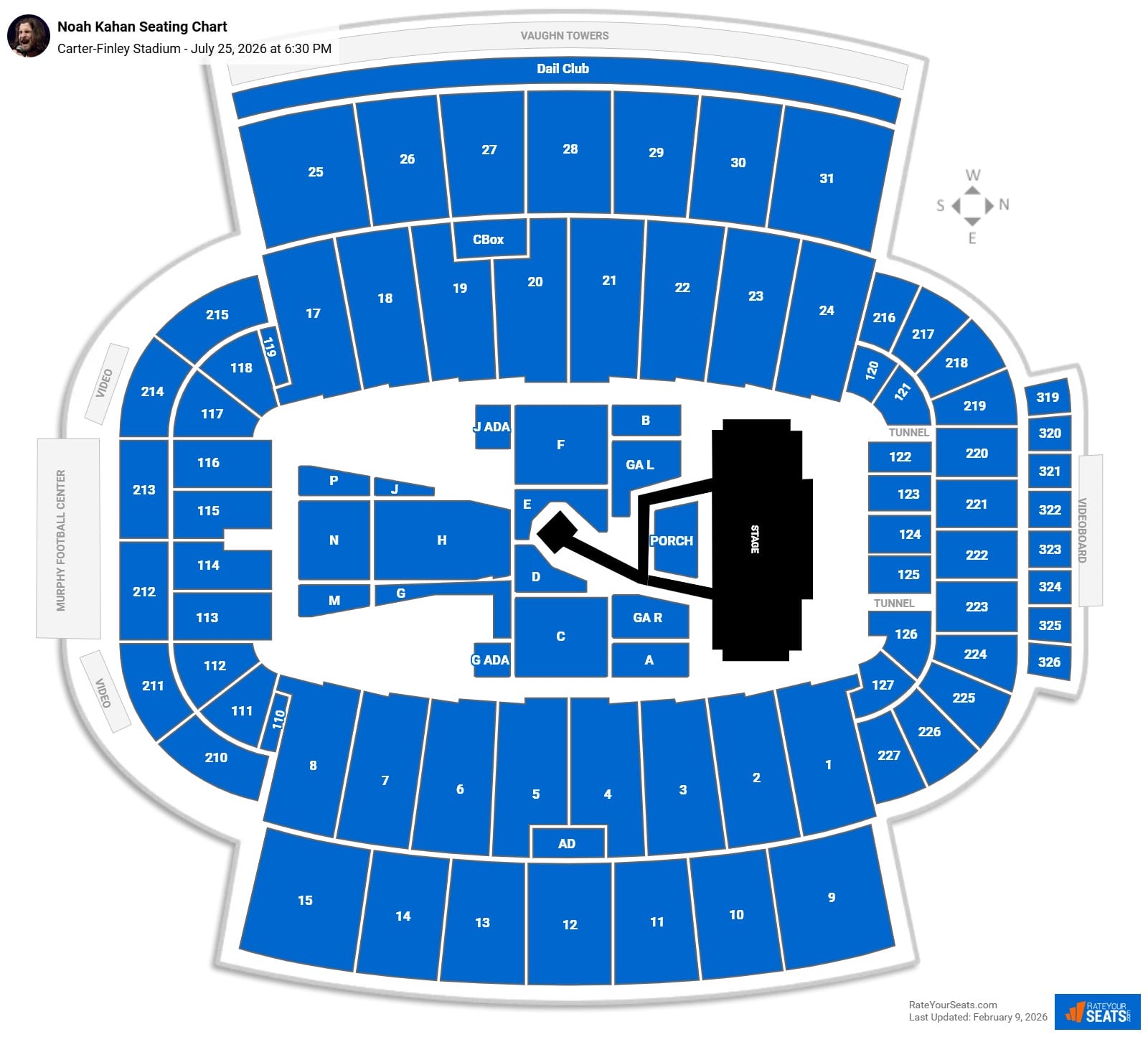 Noah Kahan seating chart Carter-Finley Stadium