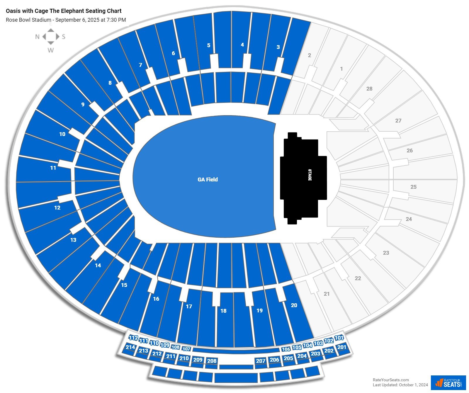 Oasis with Cage The Elephant seating chart Rose Bowl Stadium