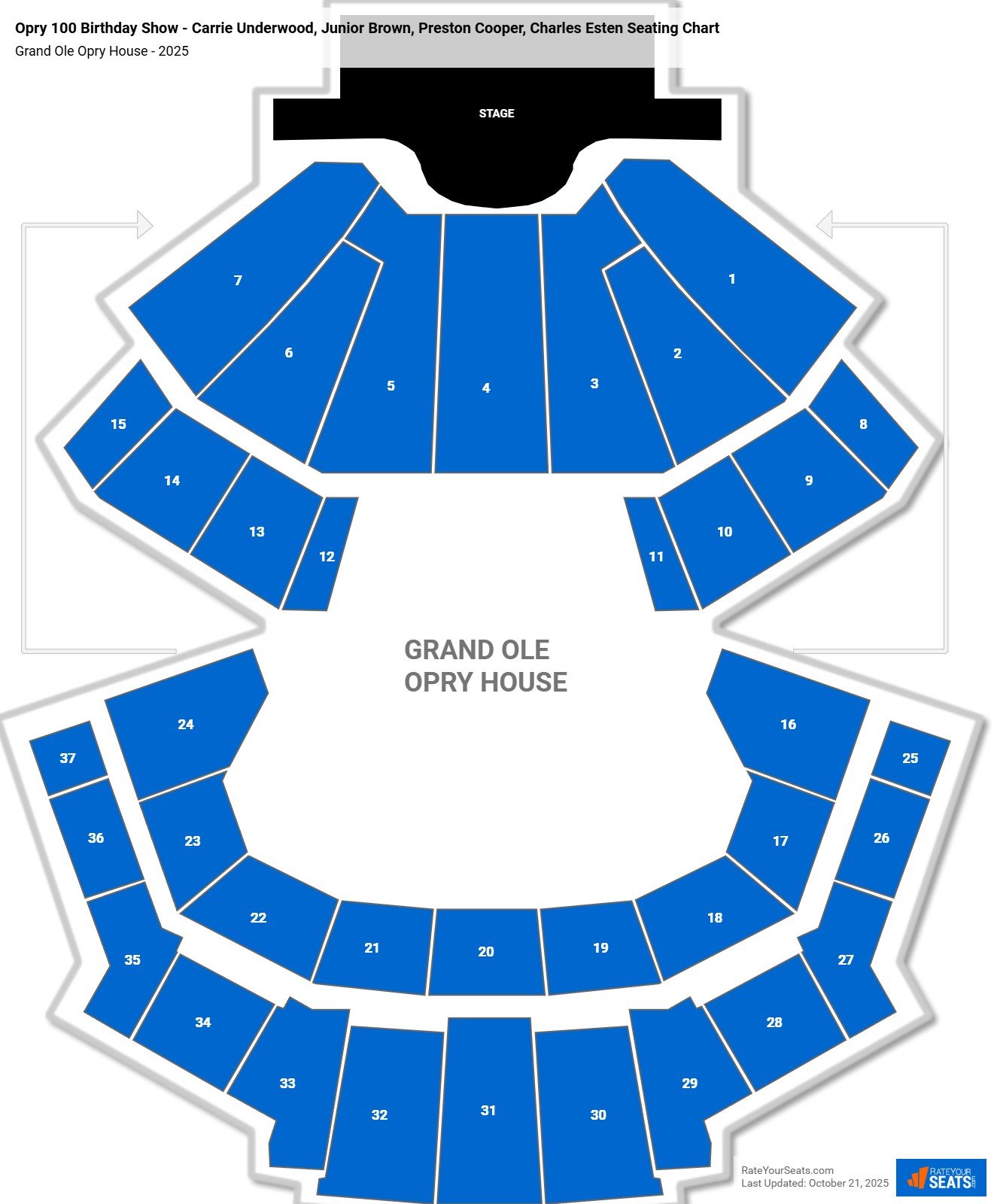 Opry 100 Birthday Show - Carrie Underwood, Junior Brown, Preston Cooper, Charles Esten seating chart Grand Ole Opry House