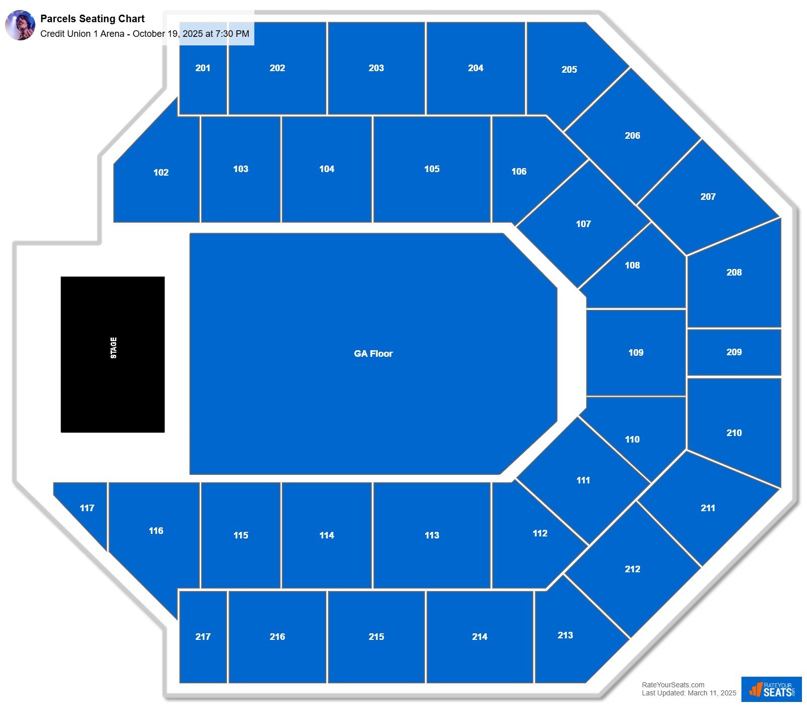 Parcels seating chart Credit Union 1 Arena