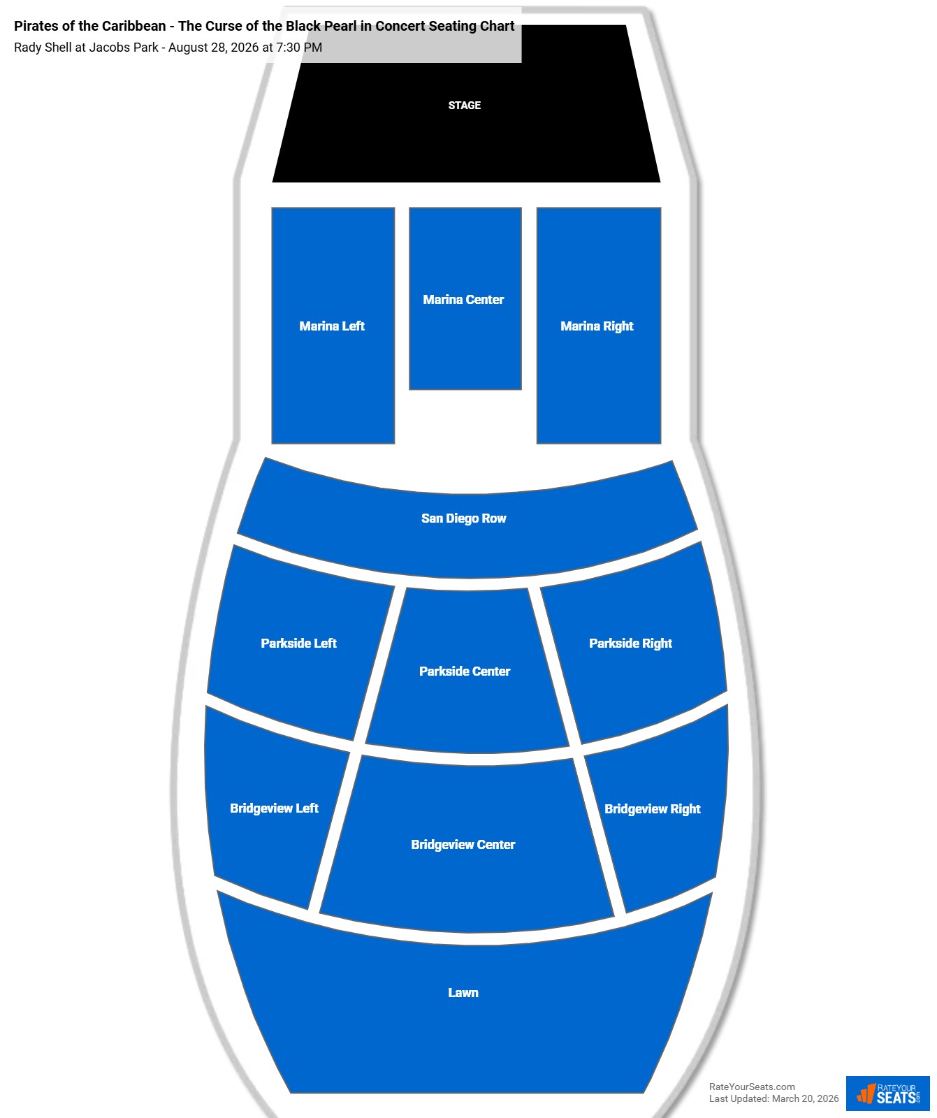 Pirates of the Caribbean - The Curse of the Black Pearl in Concert seating chart Rady Shell at Jacobs Park