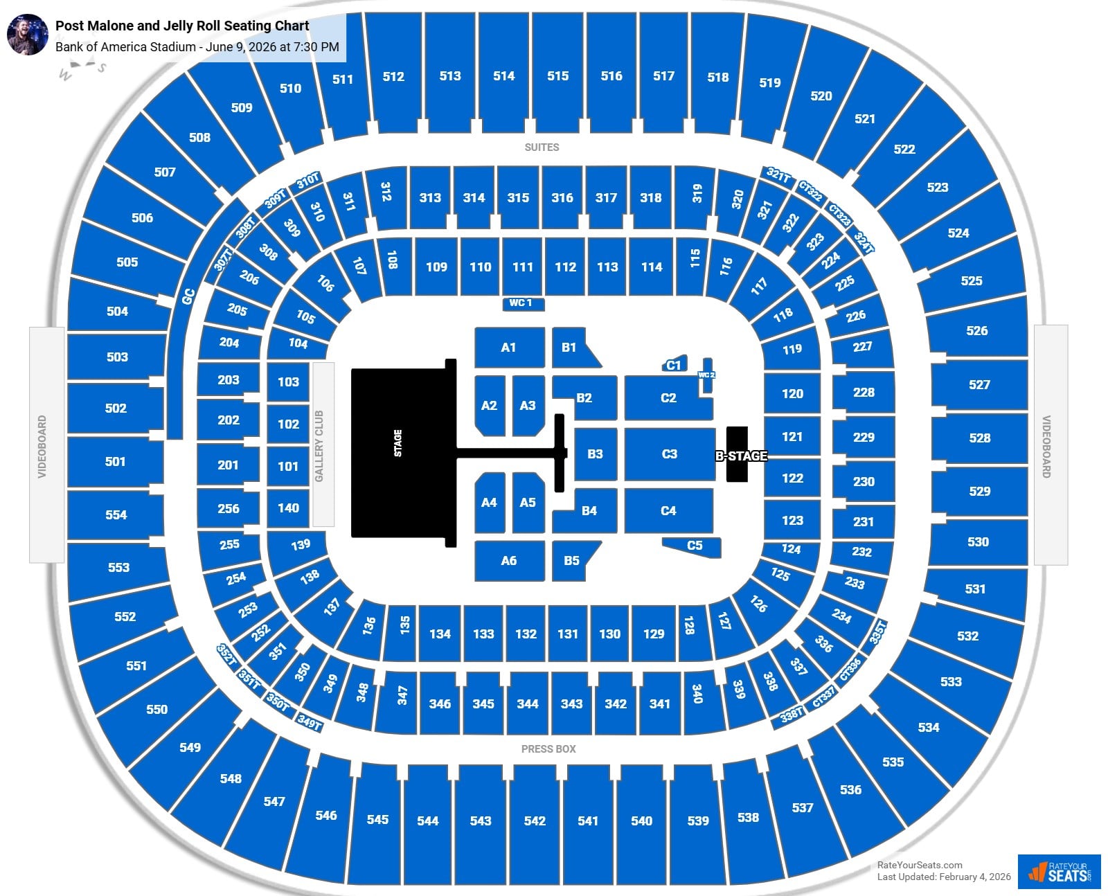 Post Malone and Jelly Roll seating chart Bank of America Stadium