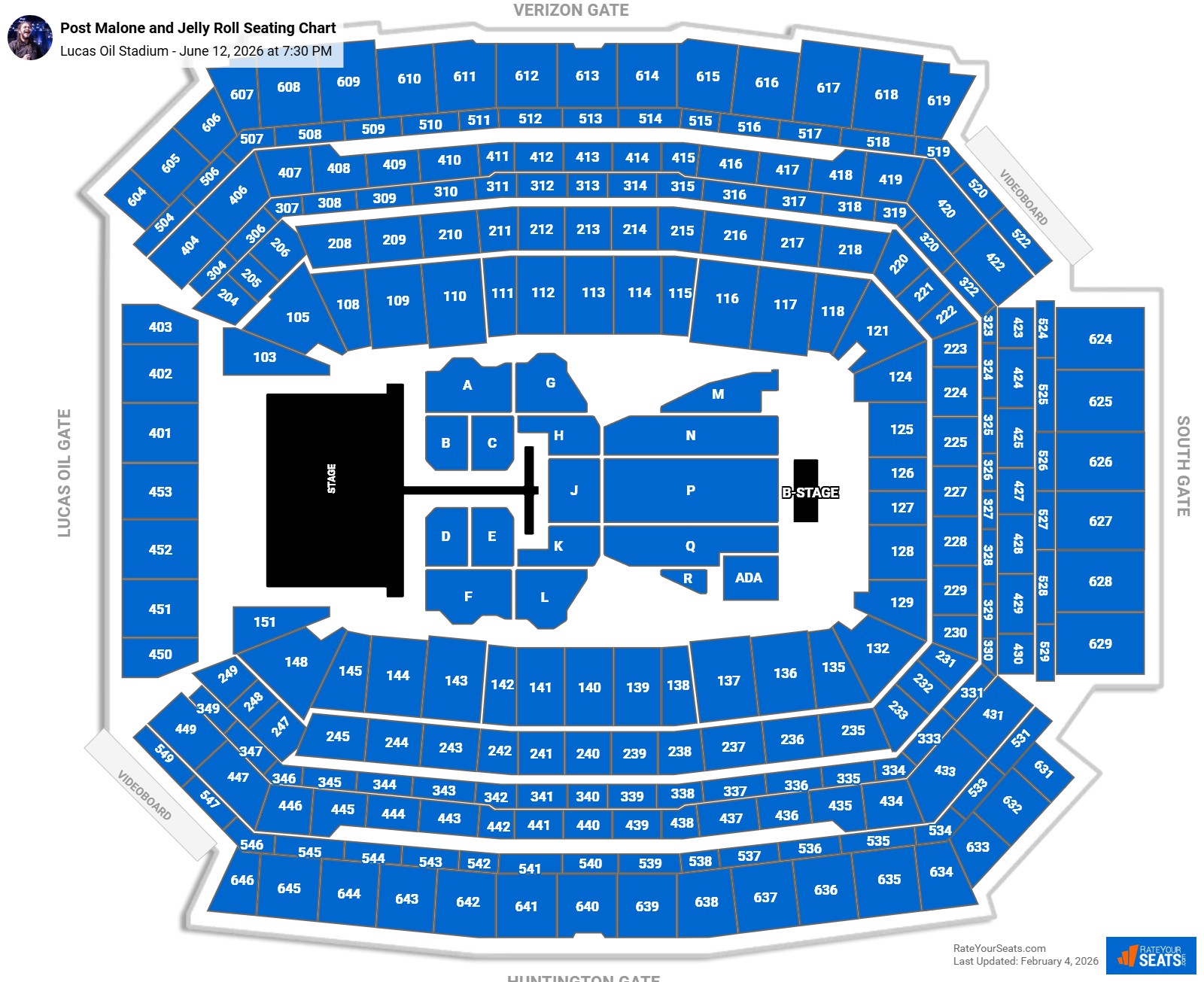 Post Malone and Jelly Roll seating chart Lucas Oil Stadium