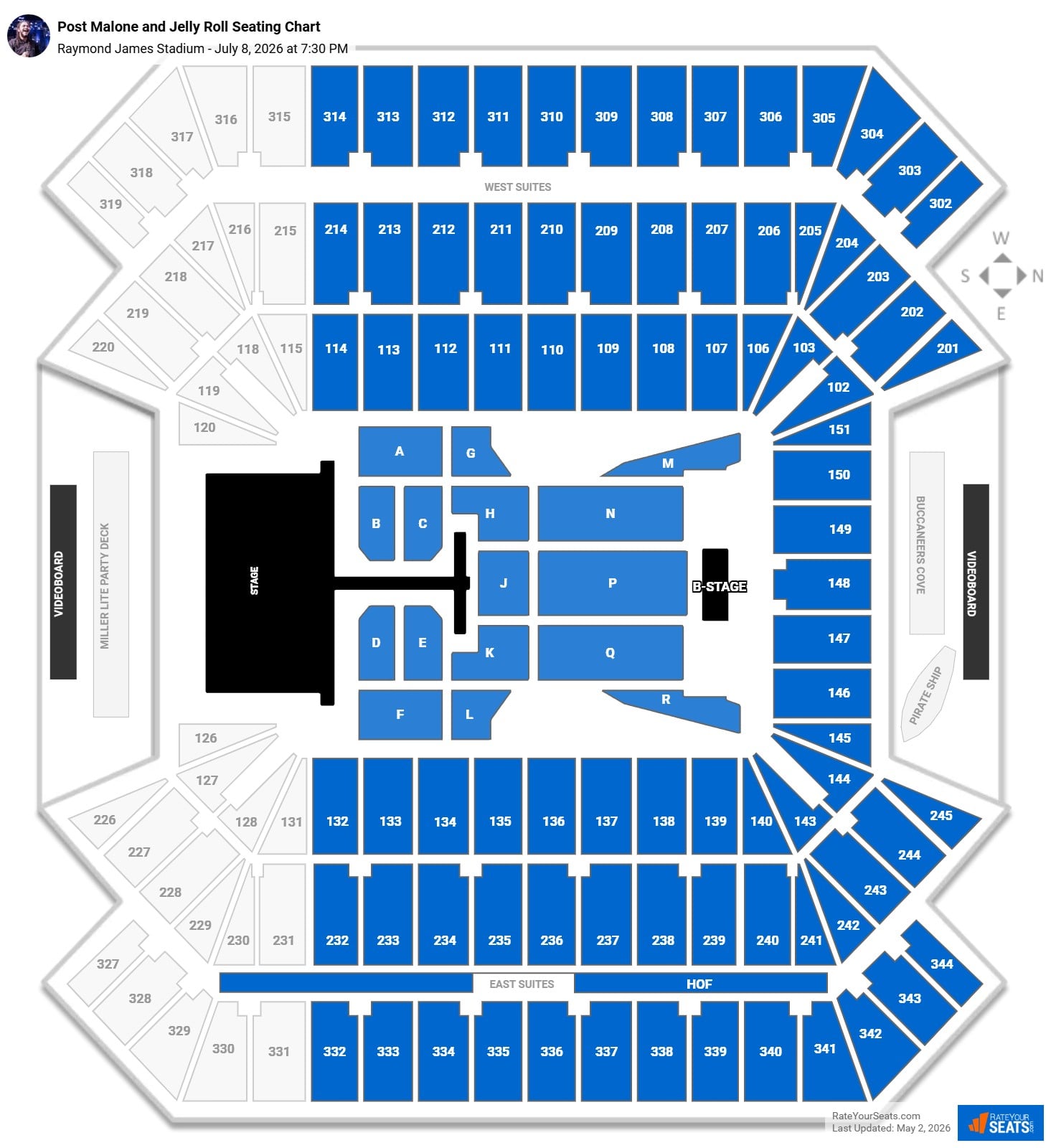 Post Malone and Jelly Roll seating chart Raymond James Stadium