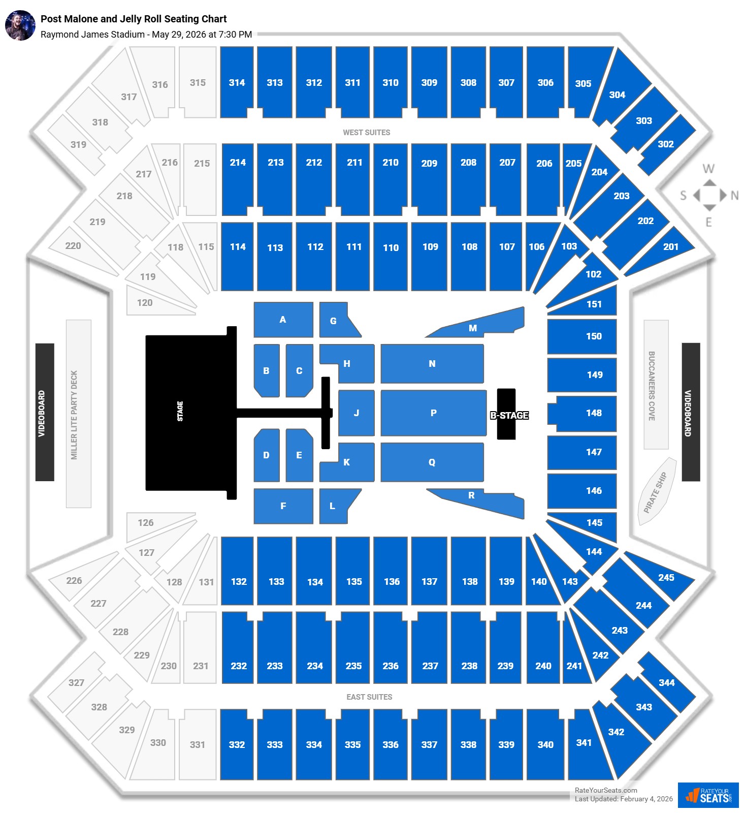 Post Malone and Jelly Roll seating chart Raymond James Stadium