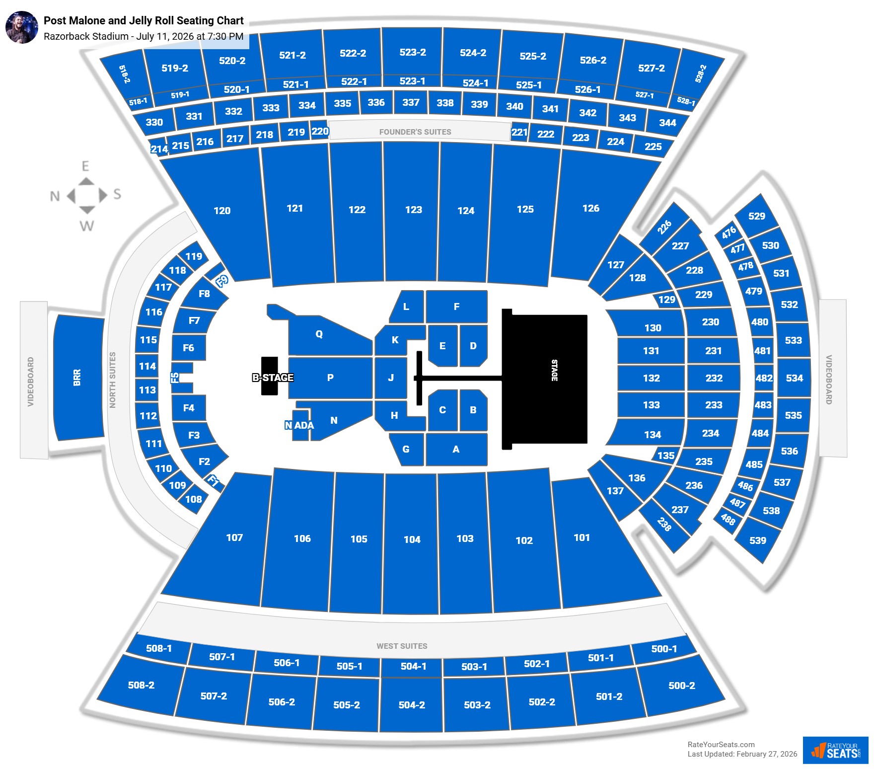 Post Malone and Jelly Roll seating chart Razorback Stadium