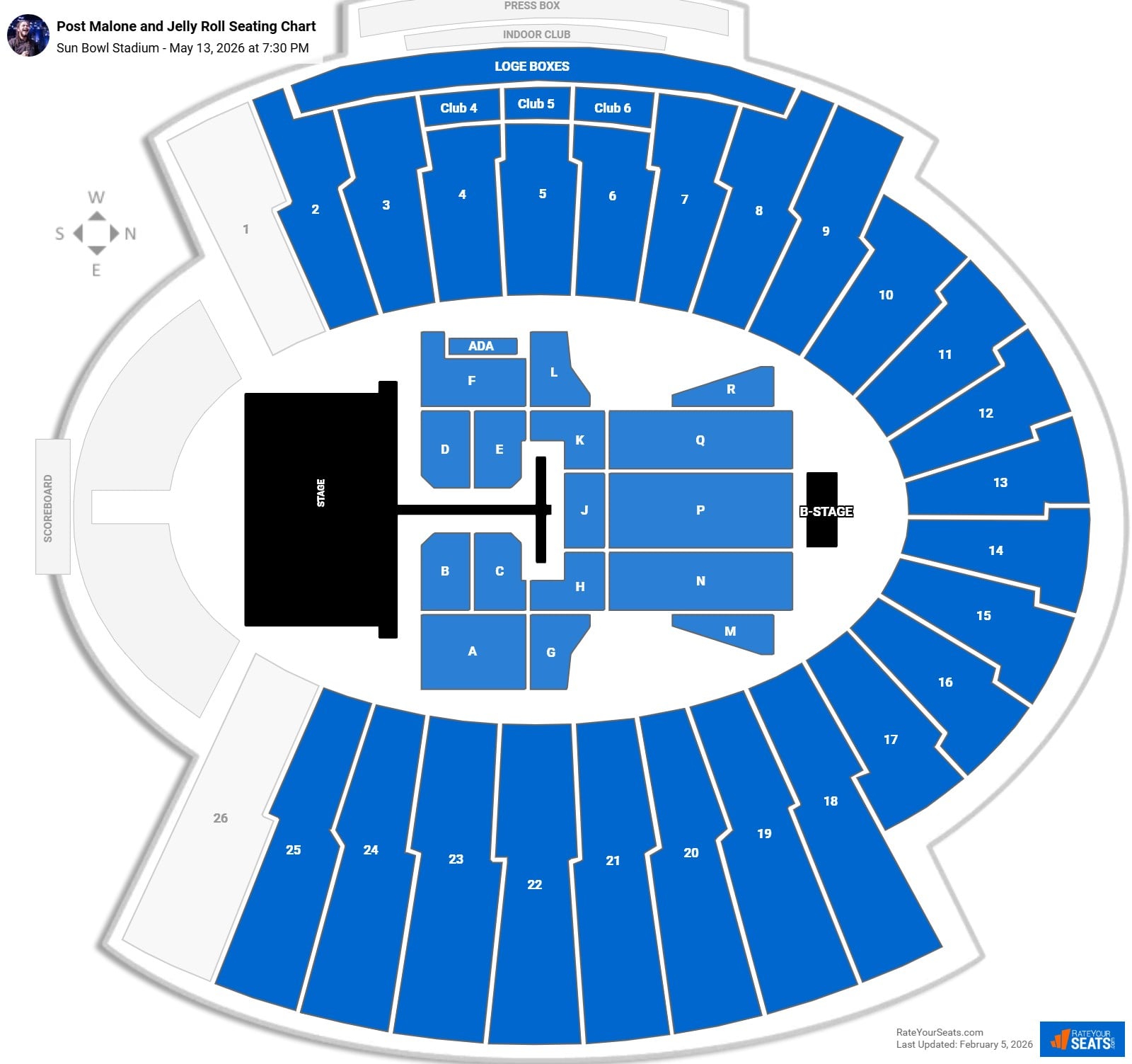 Post Malone and Jelly Roll seating chart Sun Bowl Stadium