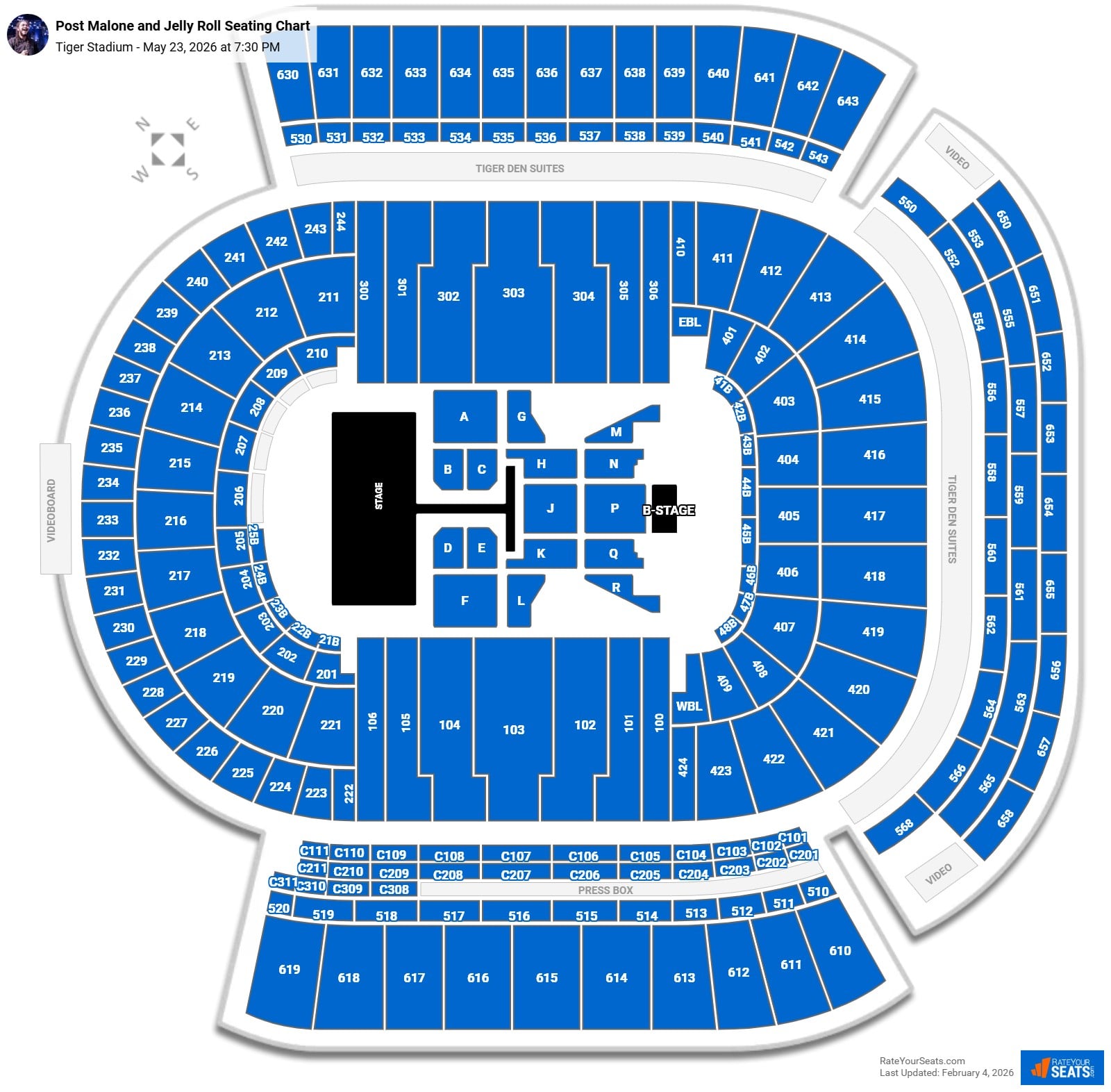 Post Malone and Jelly Roll seating chart Tiger Stadium