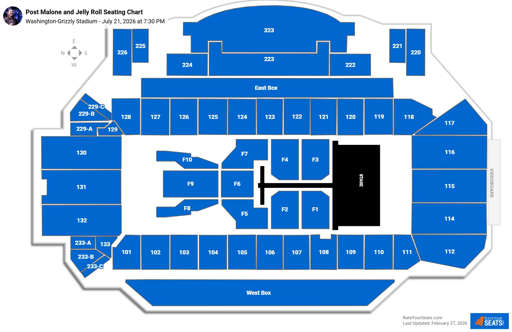 Post Malone and Jelly Roll seating chart Washington-Grizzly Stadium