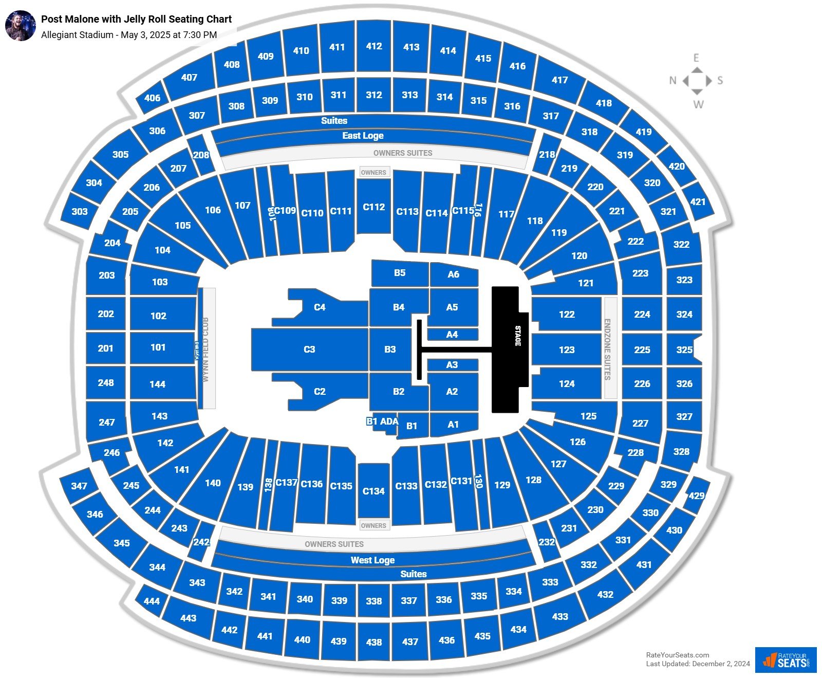 Post Malone with Jelly Roll seating chart Allegiant Stadium