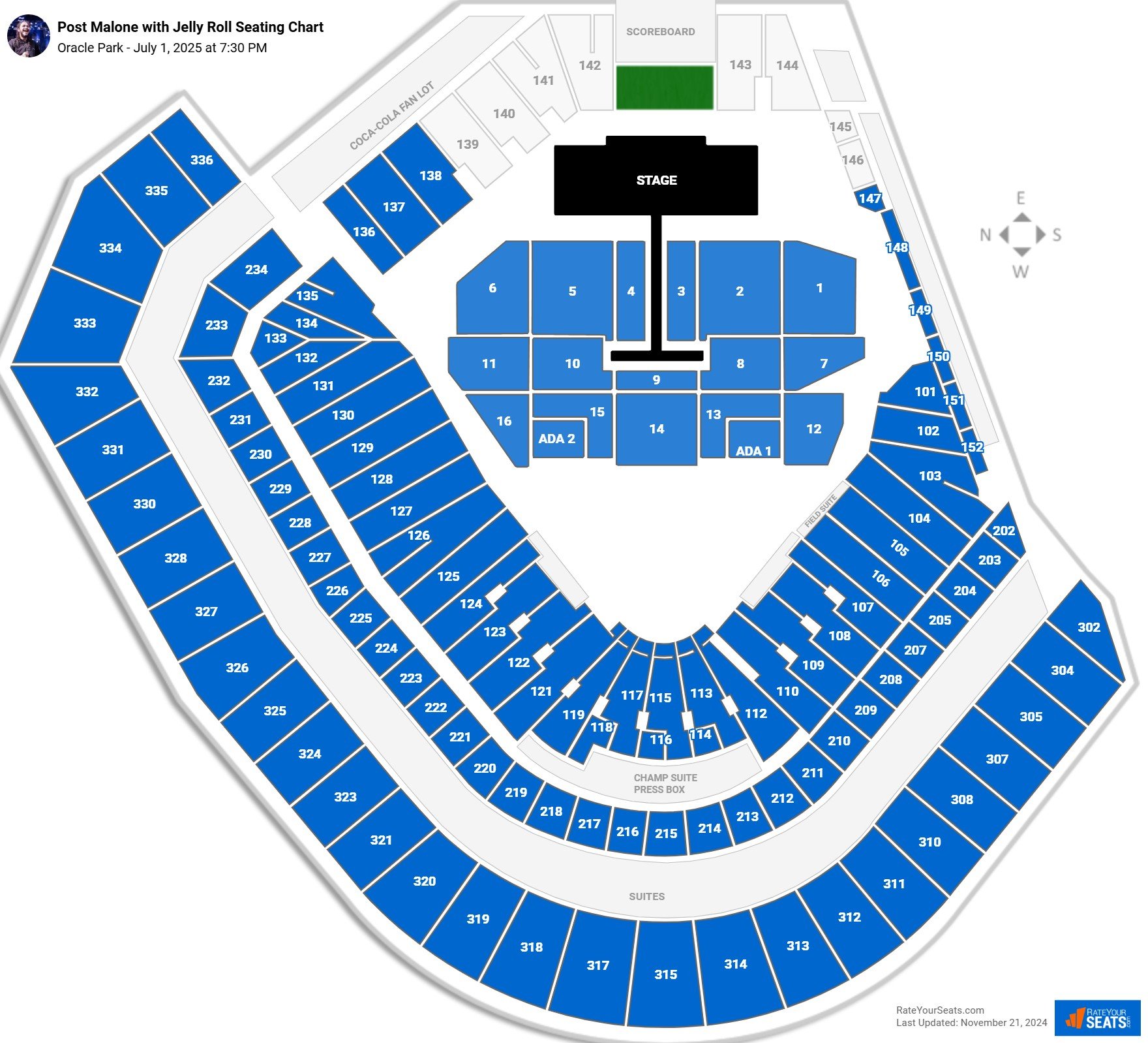 Post Malone with Jelly Roll seating chart Oracle Park
