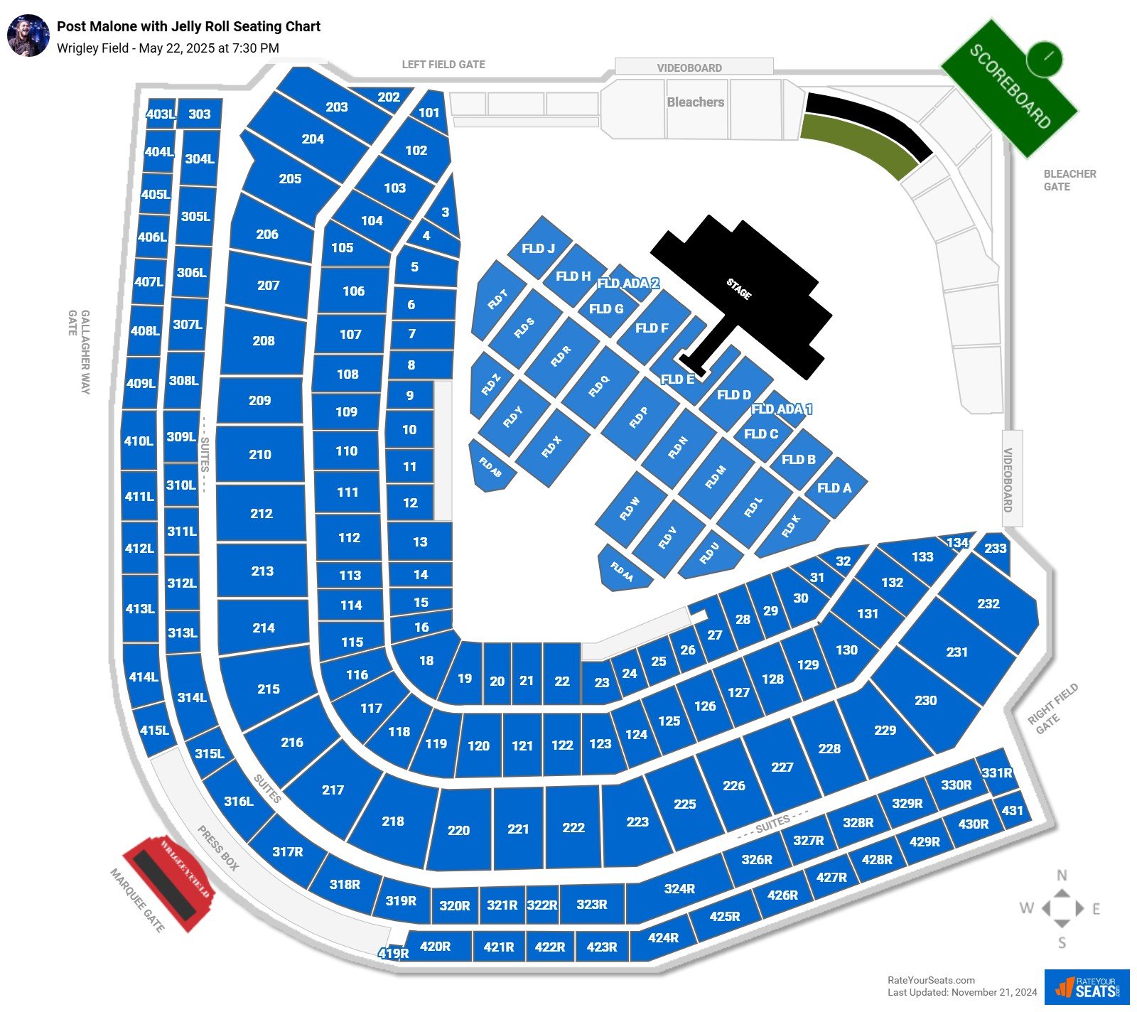 Post Malone with Jelly Roll seating chart Wrigley Field