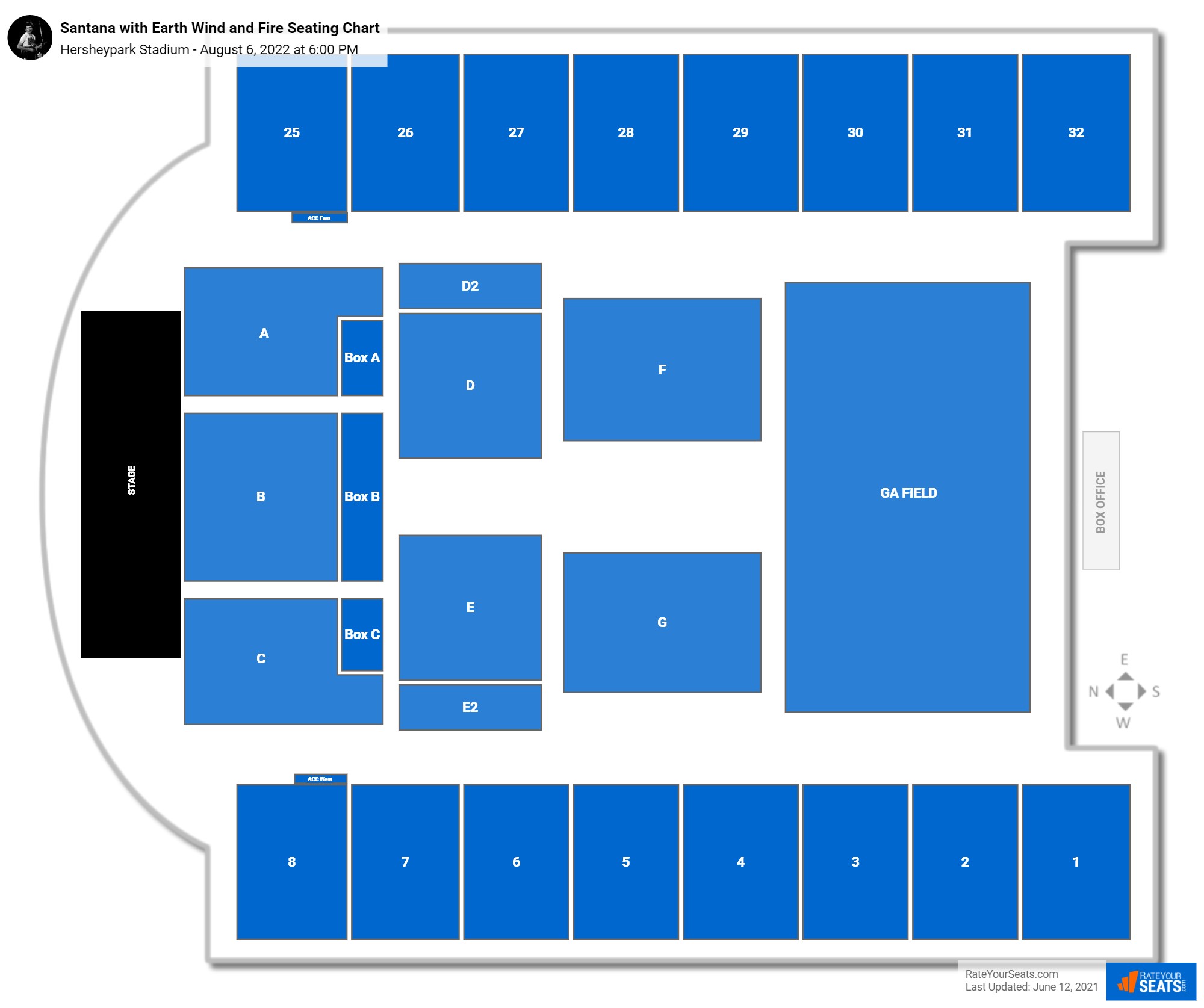Santana with Earth Wind and Fire seating chart Hersheypark Stadium