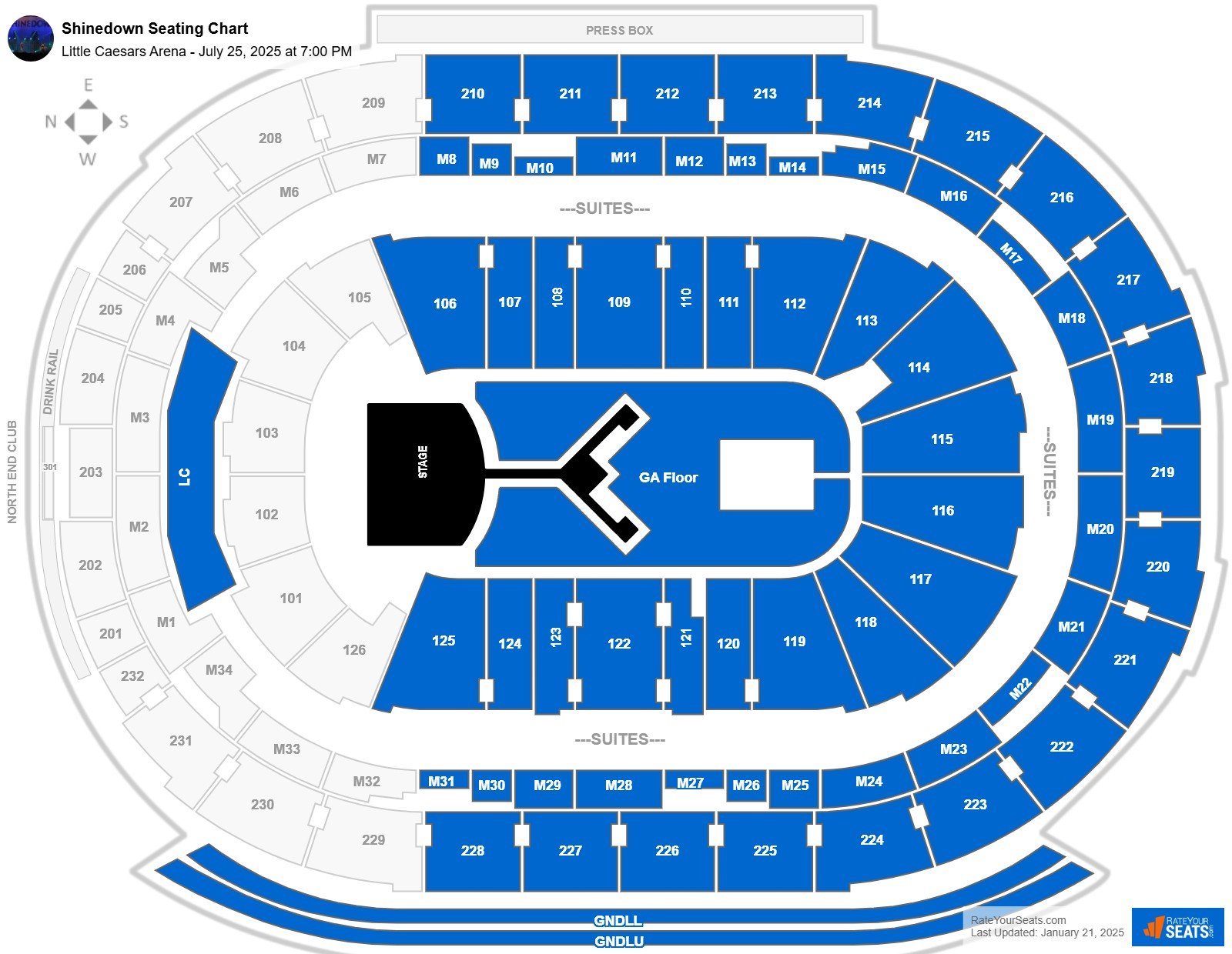 Shinedown seating chart Little Caesars Arena