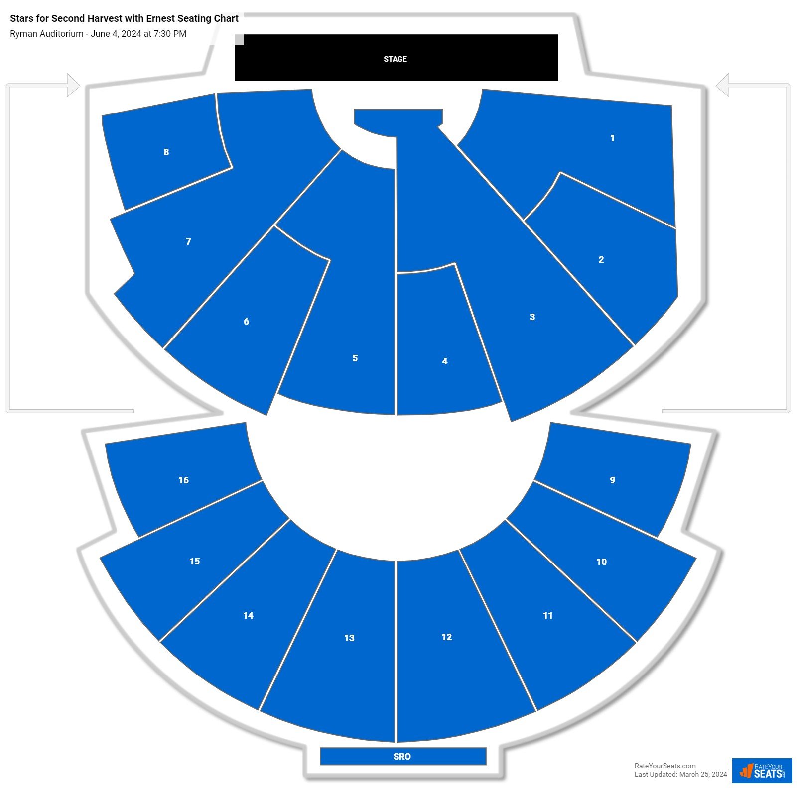 Stars for Second Harvest with Ernest seating chart Ryman Auditorium