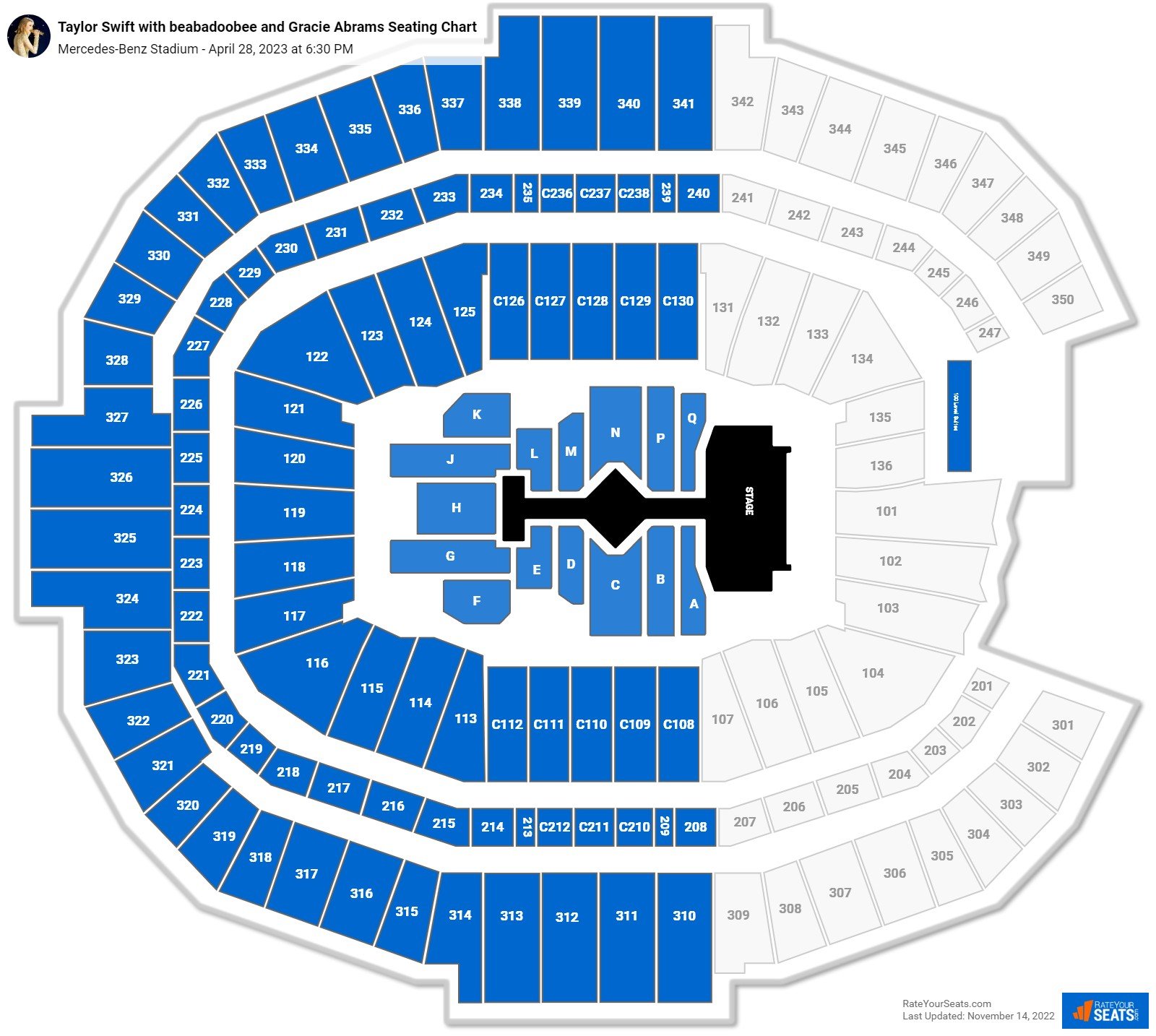 Taylor Swift with beabadoobee and Gracie Abrams seating chart Mercedes-Benz Stadium