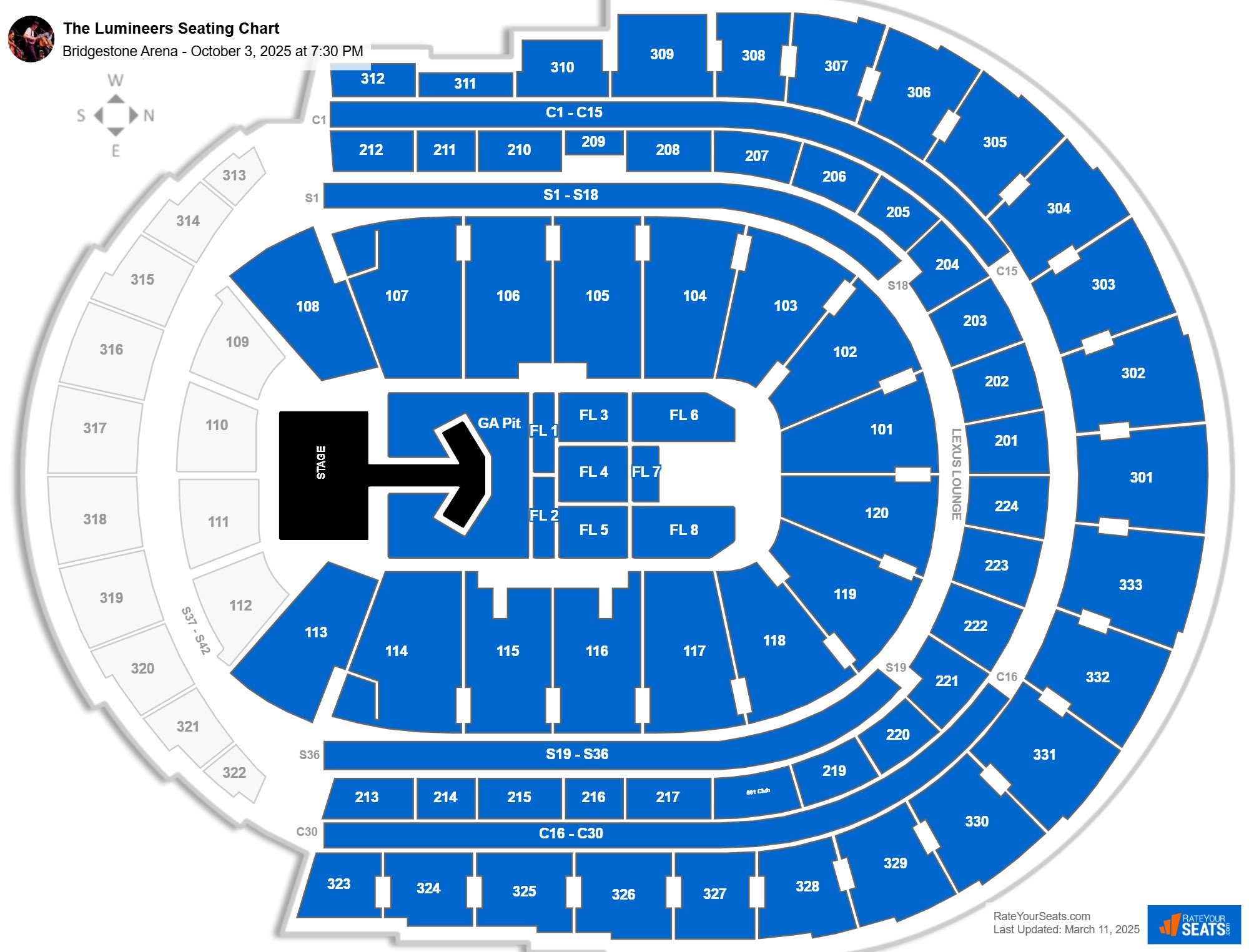 The Lumineers seating chart Bridgestone Arena