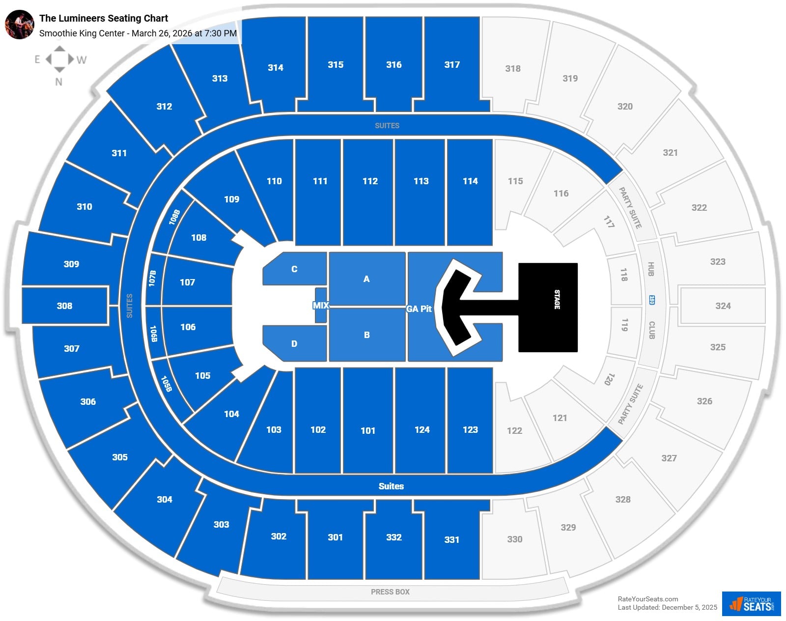 The Lumineers seating chart Smoothie King Center