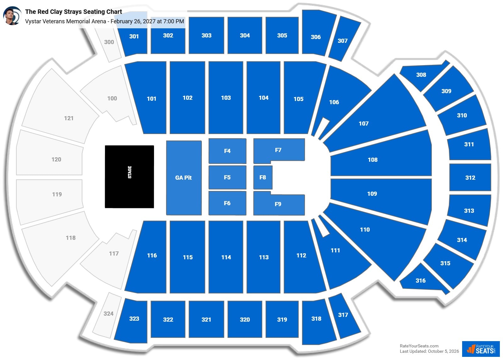The Red Clay Strays Seating Chart at Vystar Veterans Memorial Arena